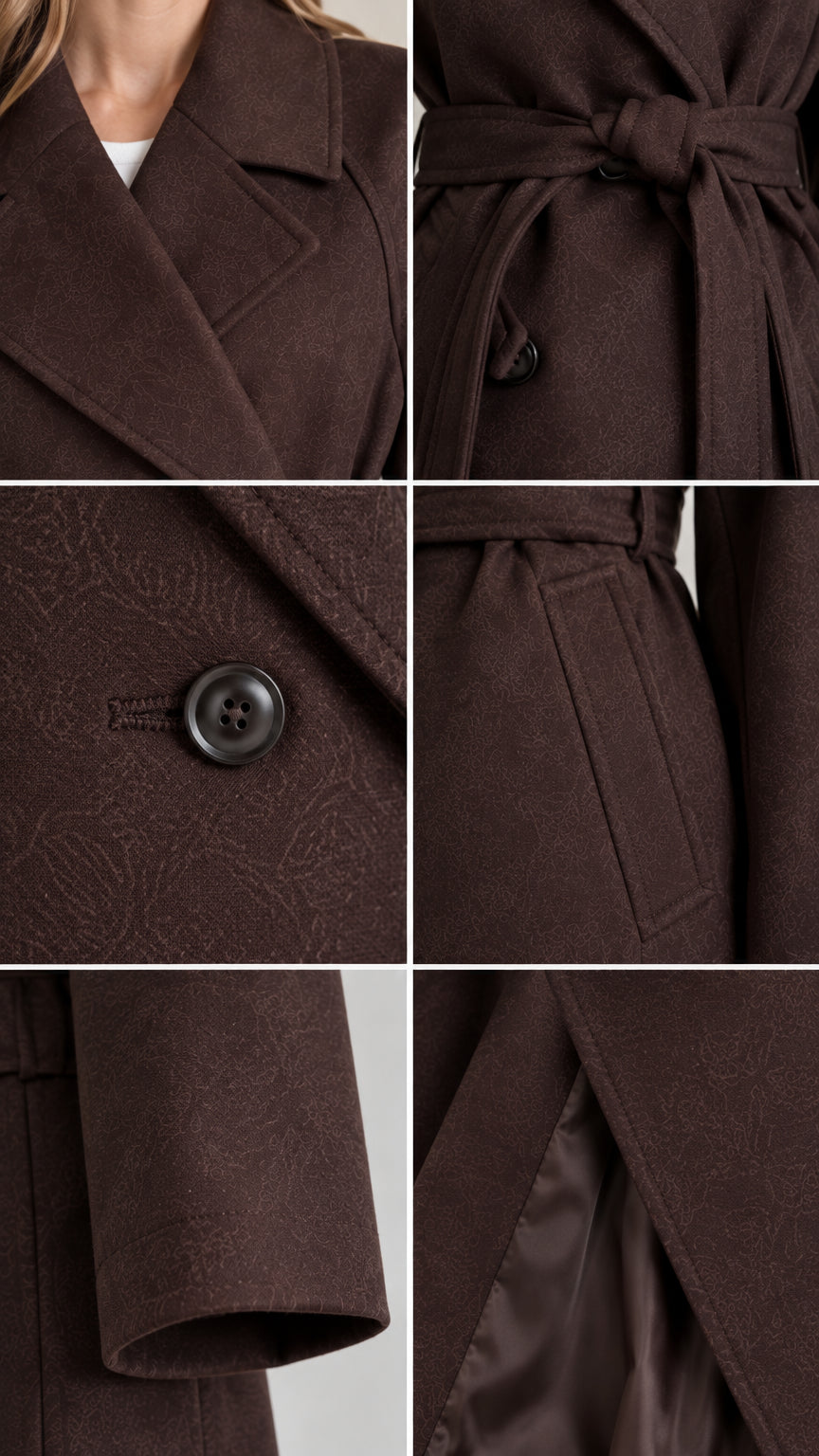 Close-up details of lapel, tie belt, button, pocket, sleeve cuff, and back vent lining on brown coat