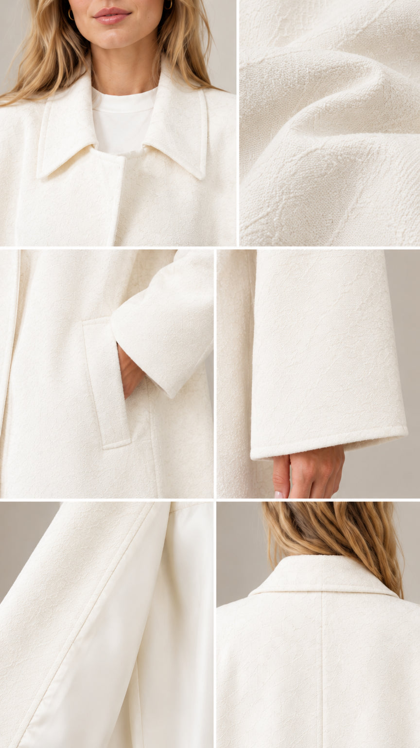 Close-up details of the cream coat collar, textured fabric, side welt pocket, and sleeve cuff