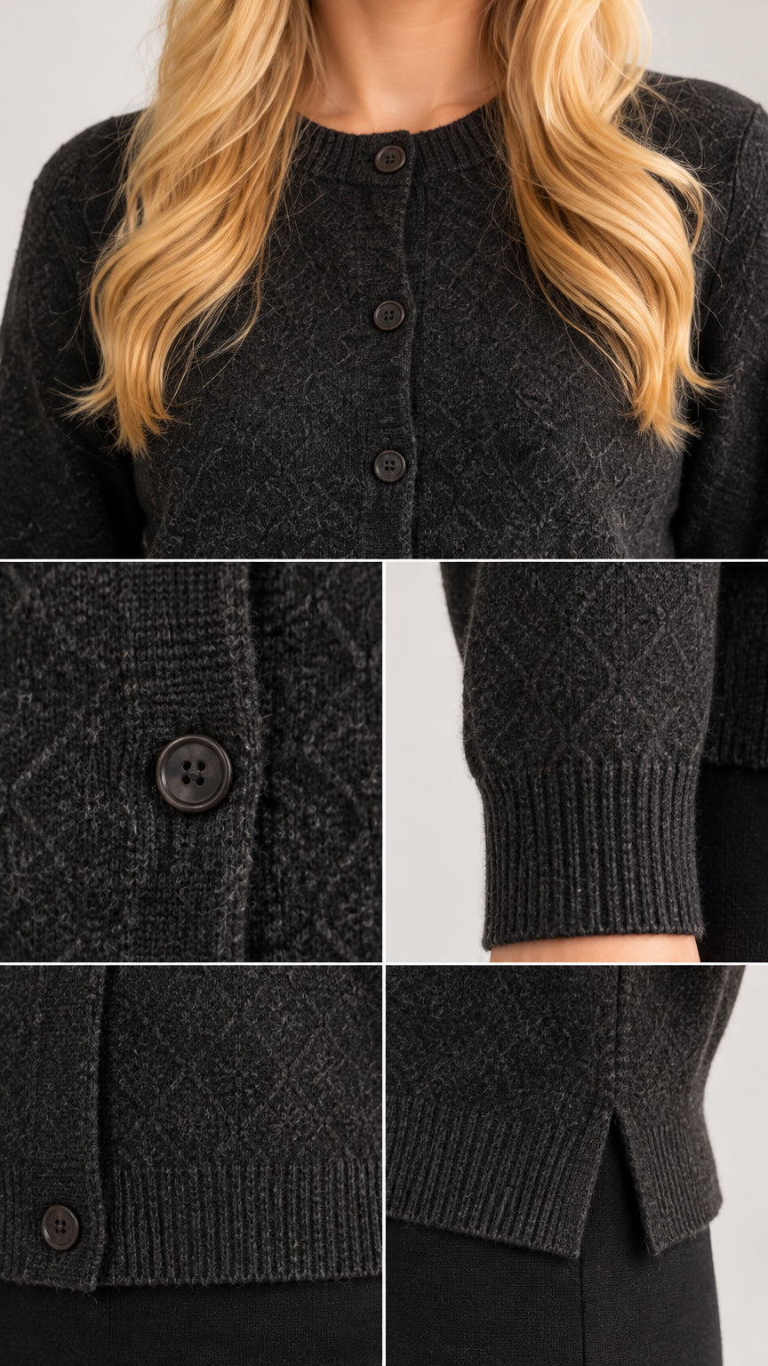 Close-up of black cardigan buttons, knit texture, ribbed cuff, and hem