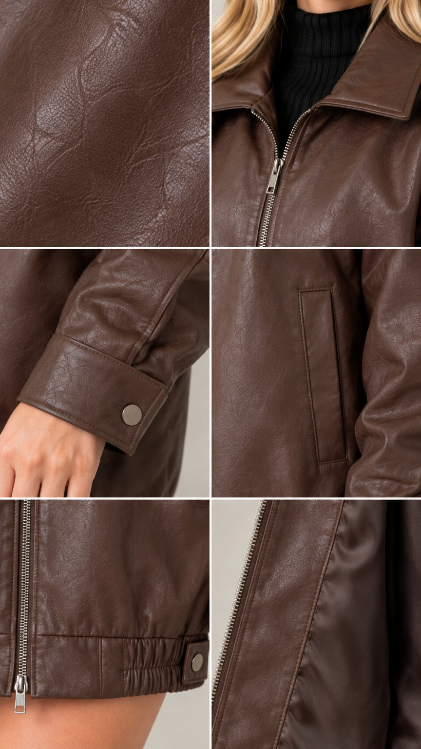 Close-up details of brown faux leather jacket showing textured material, collar, zipper, cuff snap, and welt pocket