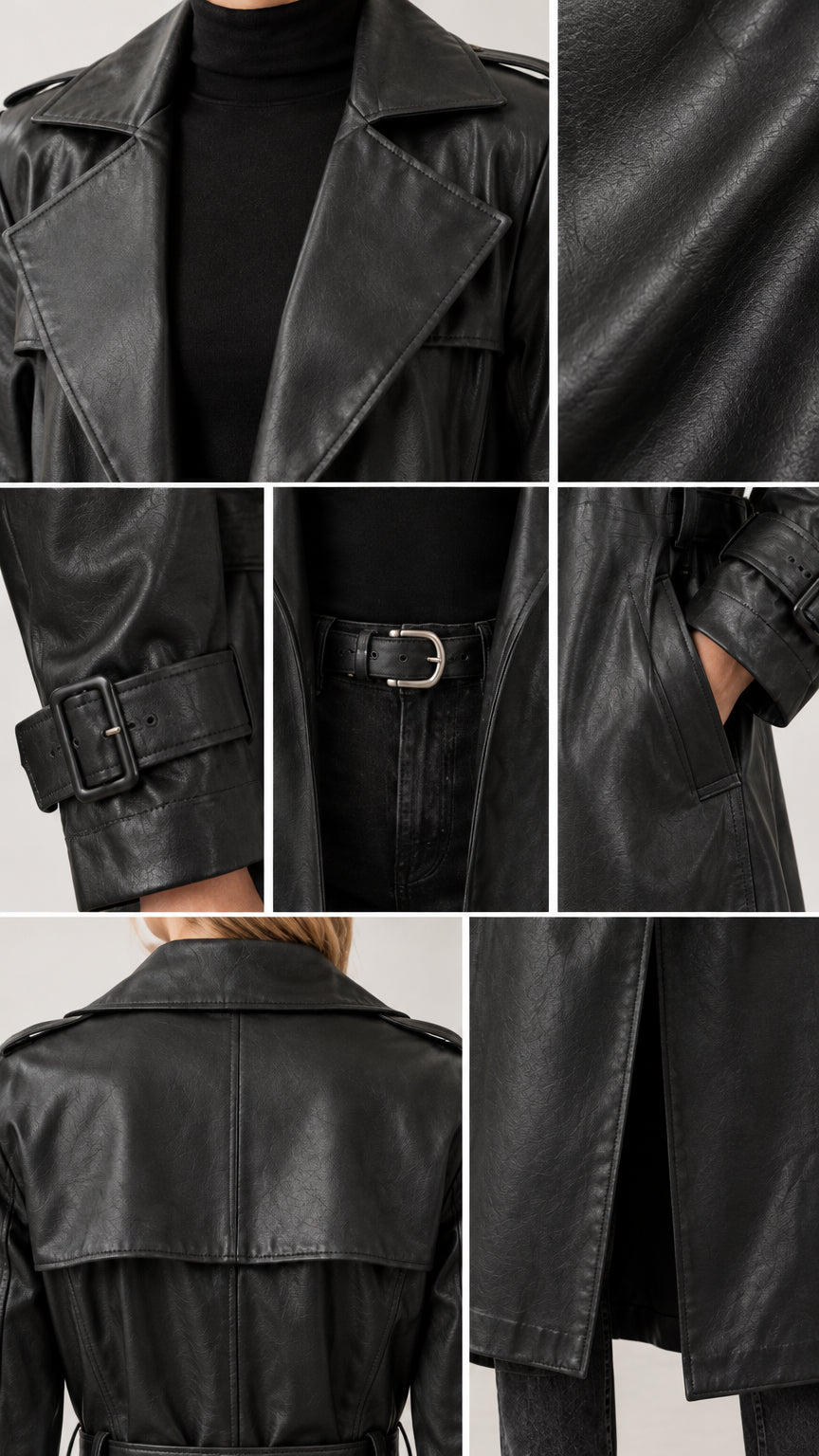 Collage of close-up tailoring details including lapel collar, buckled wrist strap, belt buckle, and back vent