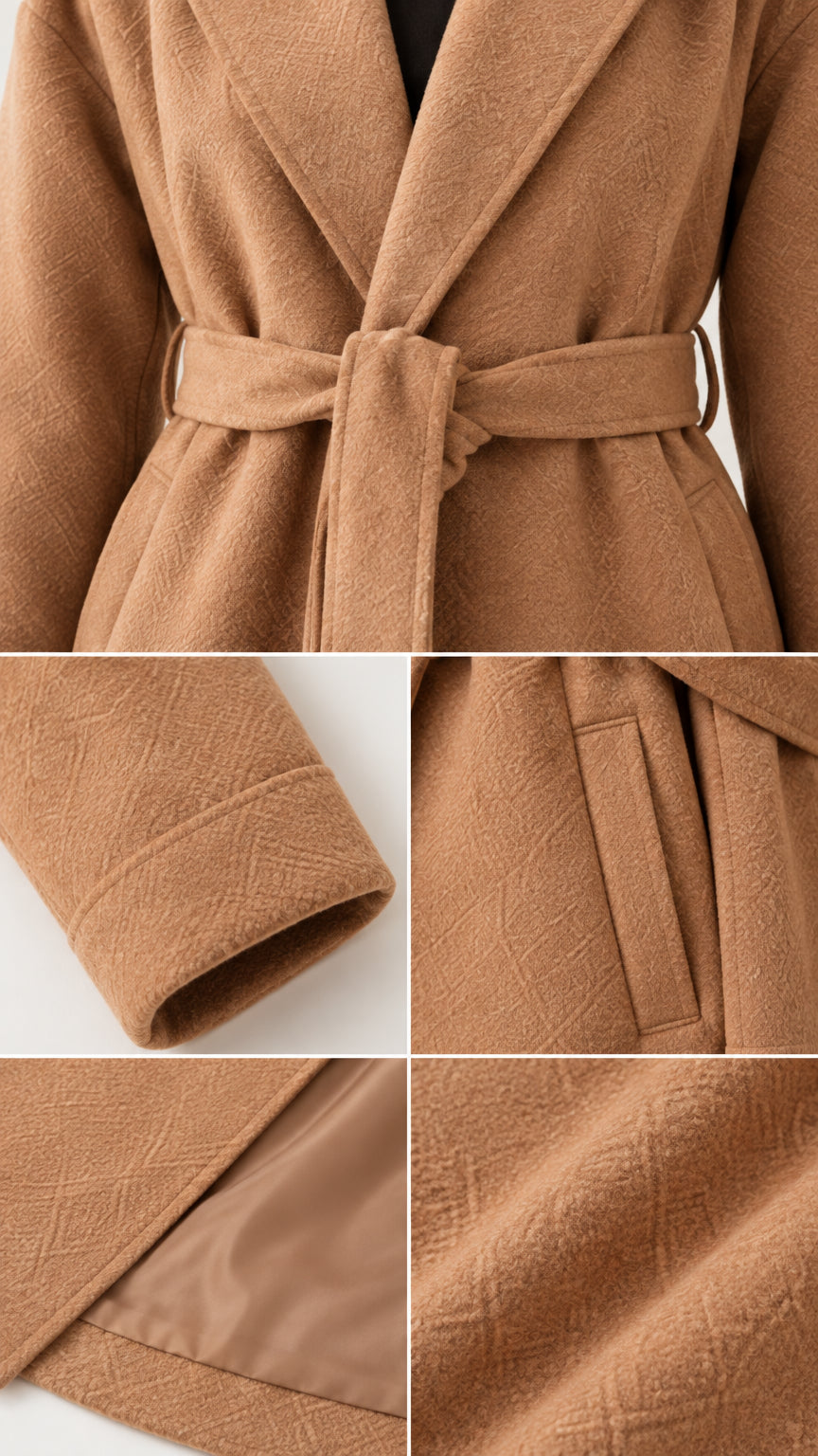 Detailed collage showing notch lapel, belt, cuff, welt pocket, and smooth inner lining
