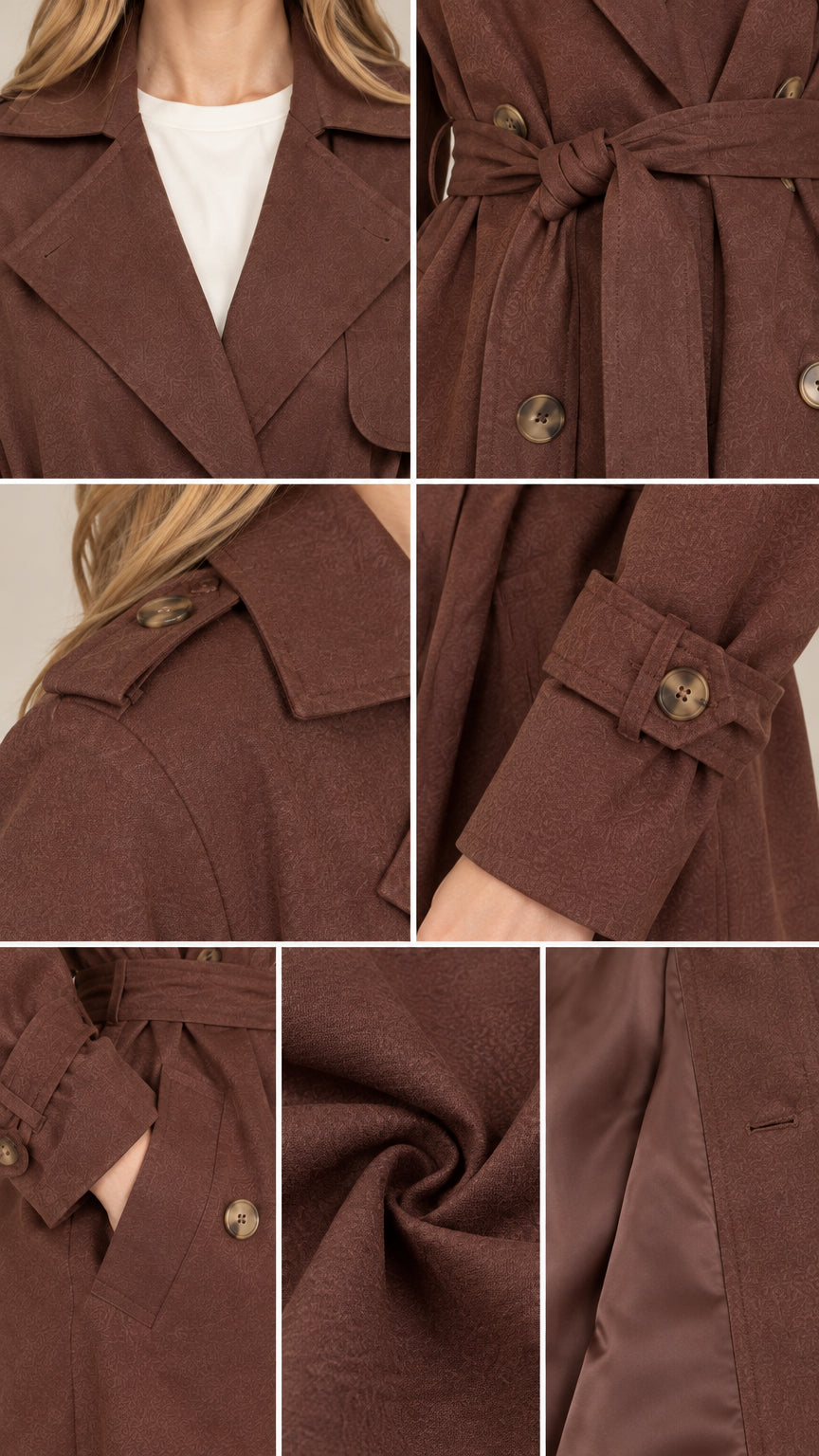 Close-up detail collage of brown trench coat fabric, collar, belt, and cuff tabs