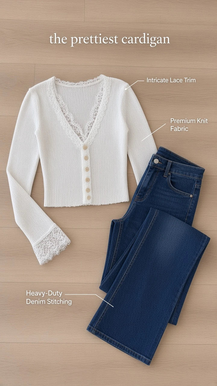 Flat lay of white knit lace trim cardigan paired with blue denim jeans
