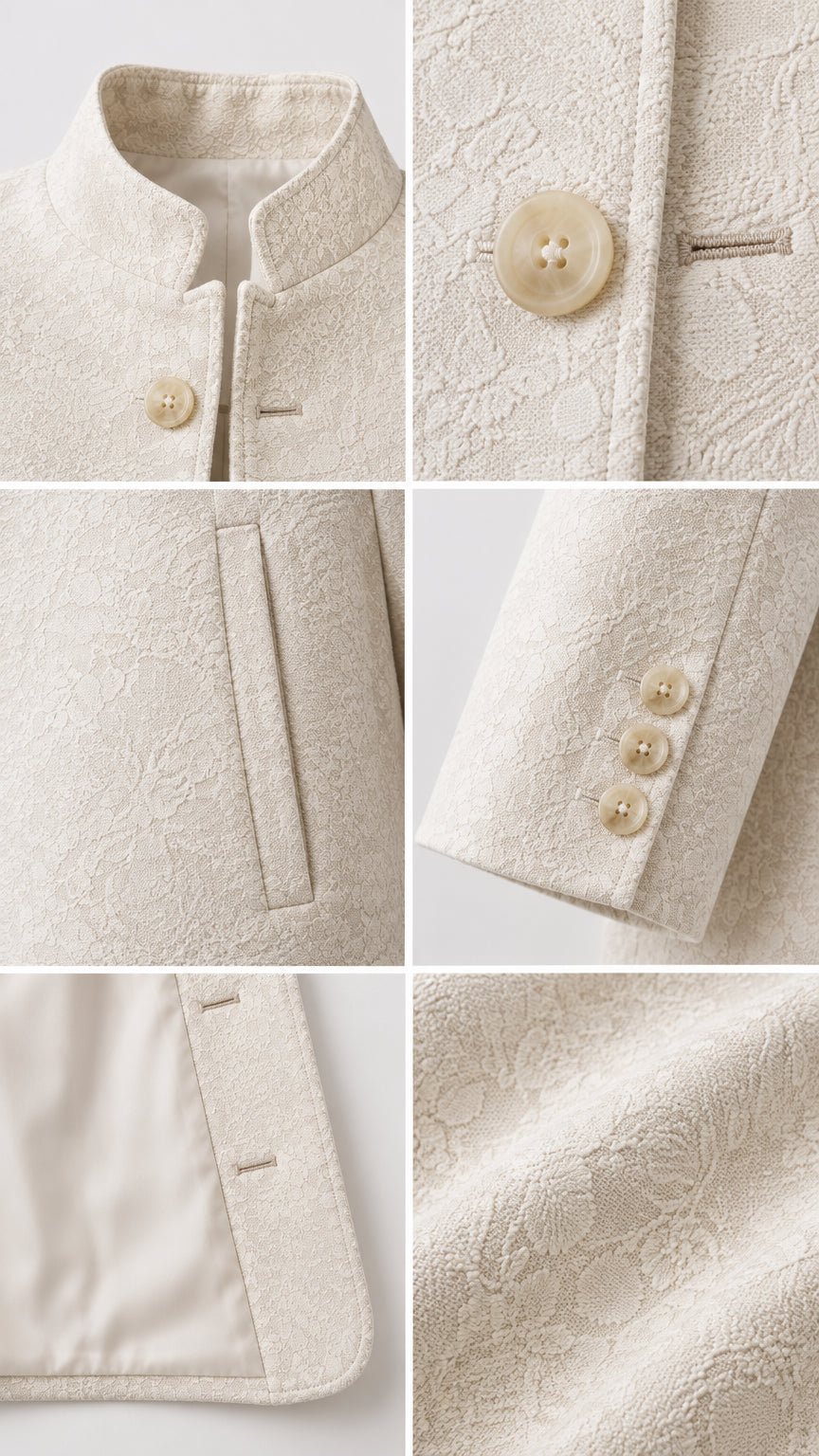 Detailed collage showing stand collar, tonal buttons, side welt pocket, buttoned cuffs, lining, and textured jacquard fabric