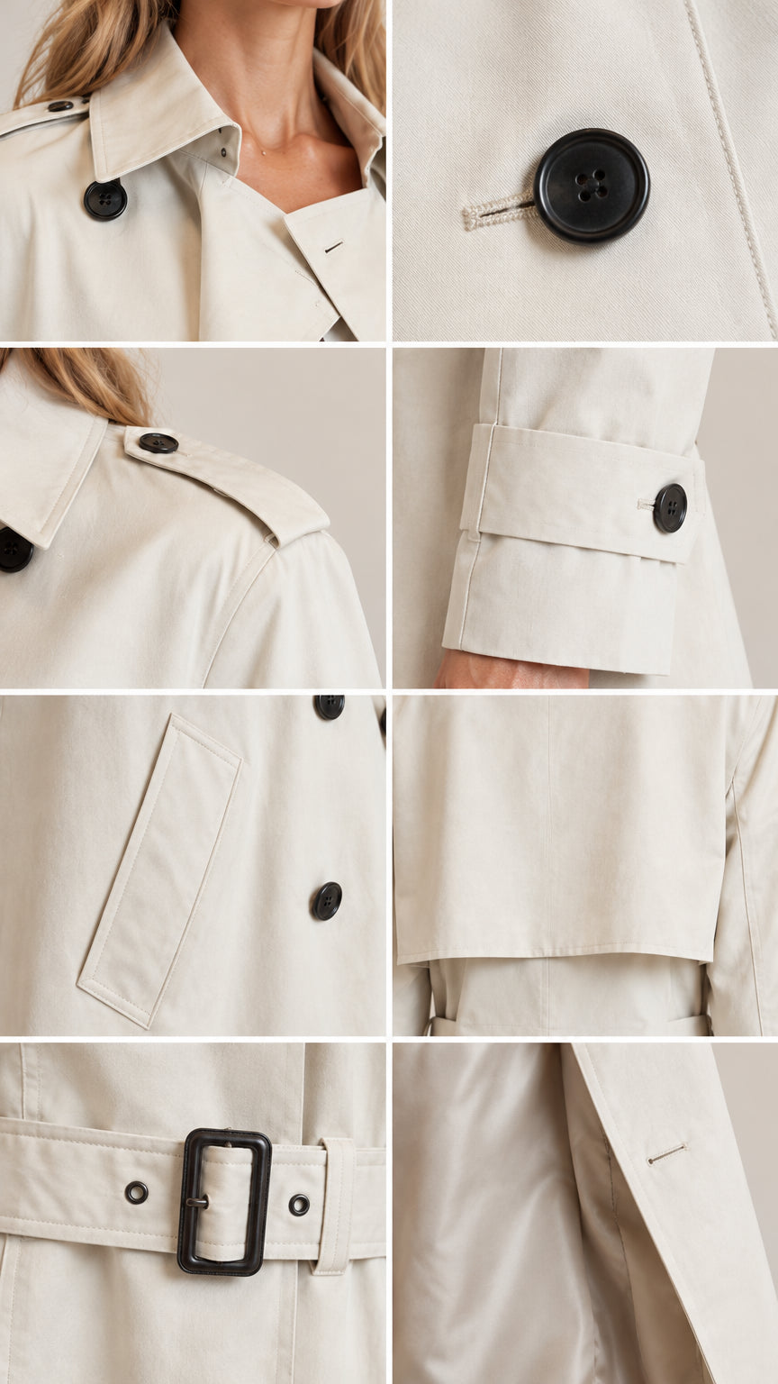 Close-up details of collar, buttons, cuffs, pockets, and belt on beige trench coat