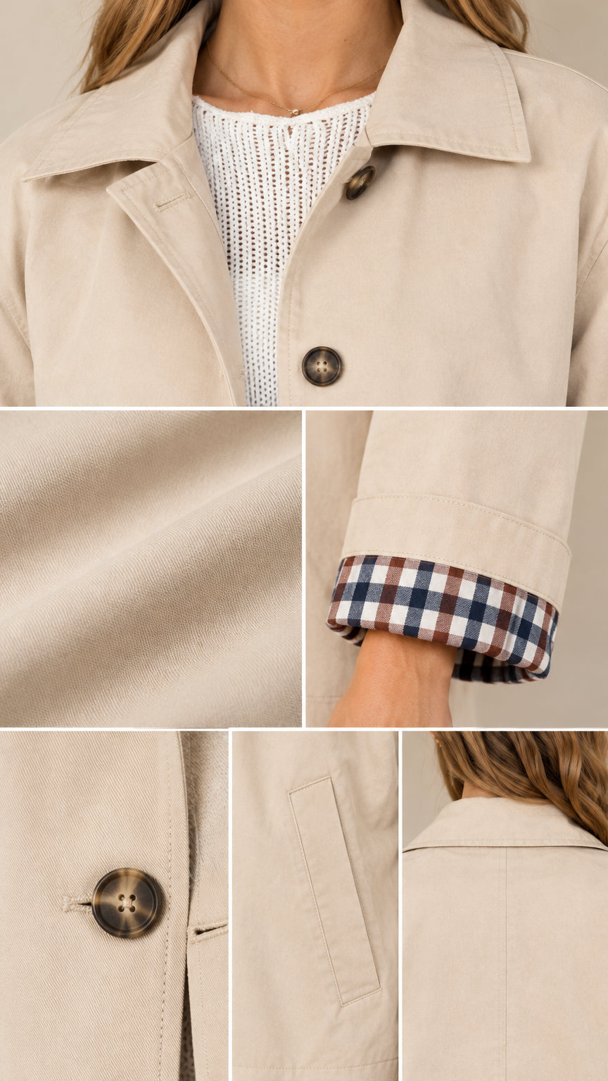 Close-up details of beige jacket showing spread collar, buttons, fabric texture, and plaid cuff lining