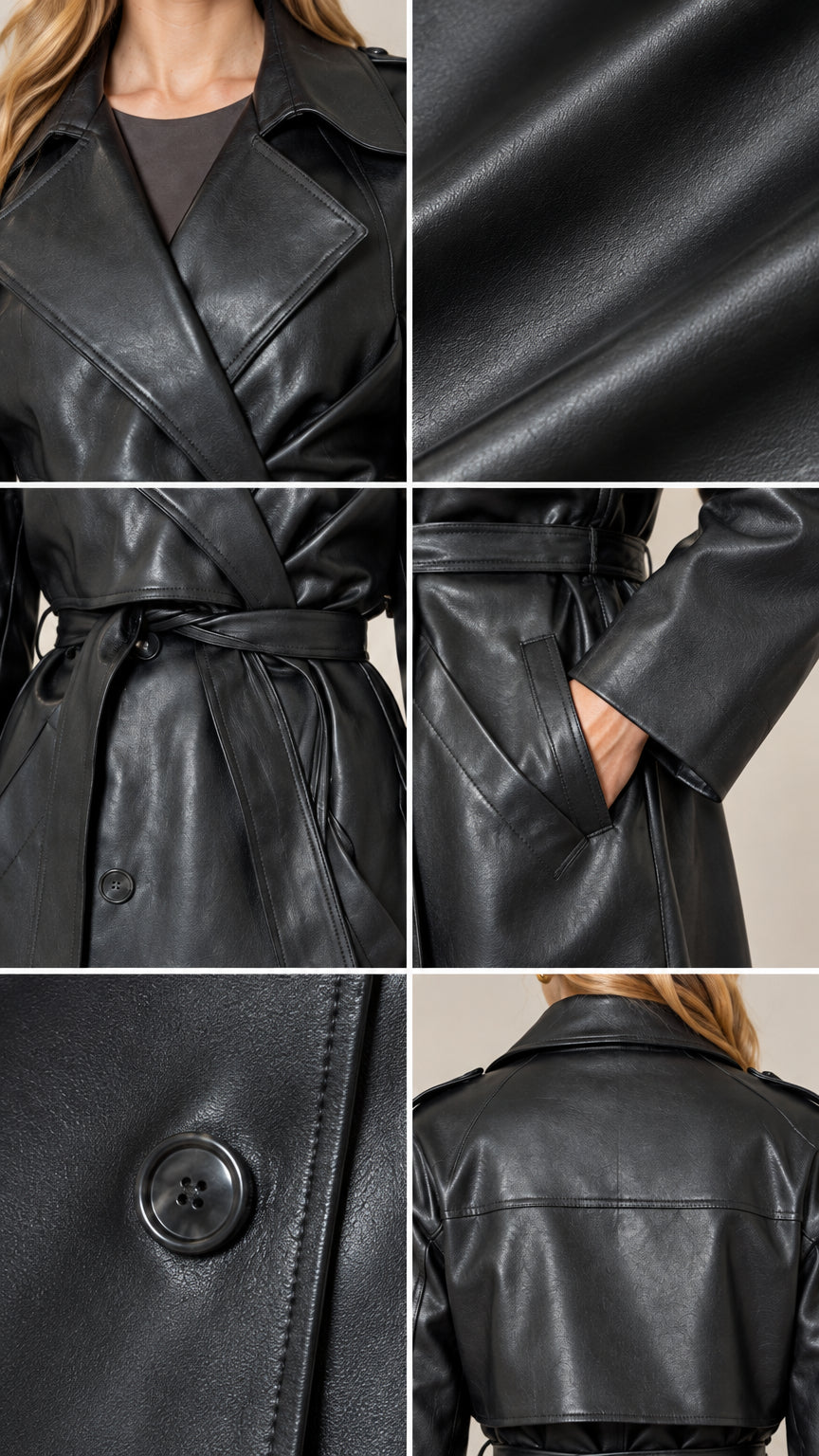 Collage showing close-up details of collar, leather texture, belted waist, welt pocket, and button
