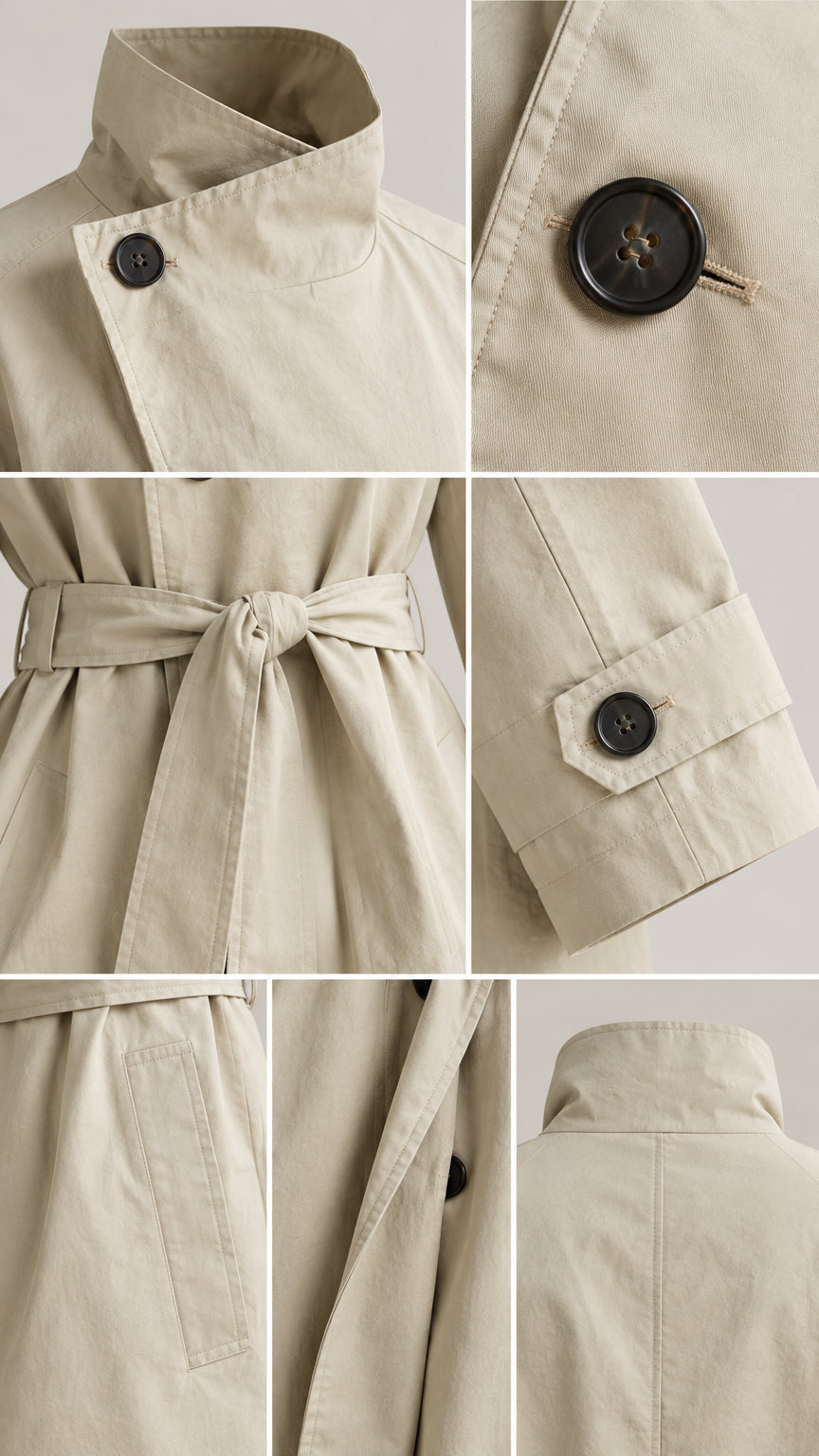 Detailed close-ups of beige trench coat showing asymmetric collar button, waist tie, cuff tab, and pocket