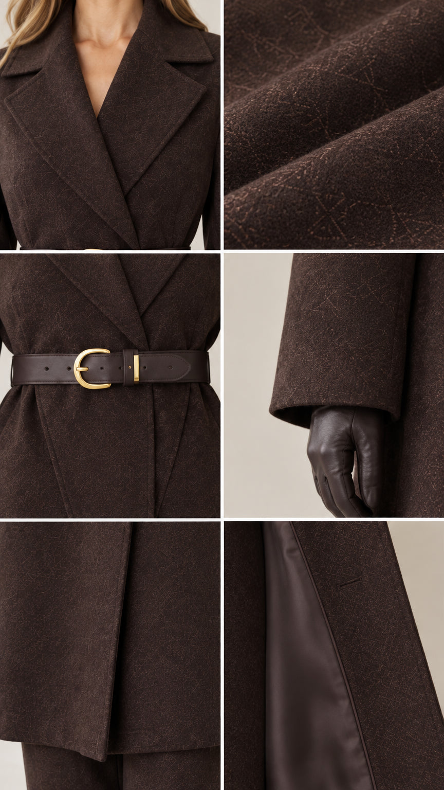 Close-up details of collar lapel, textured fabric weave, buckled belt, and smooth inner lining