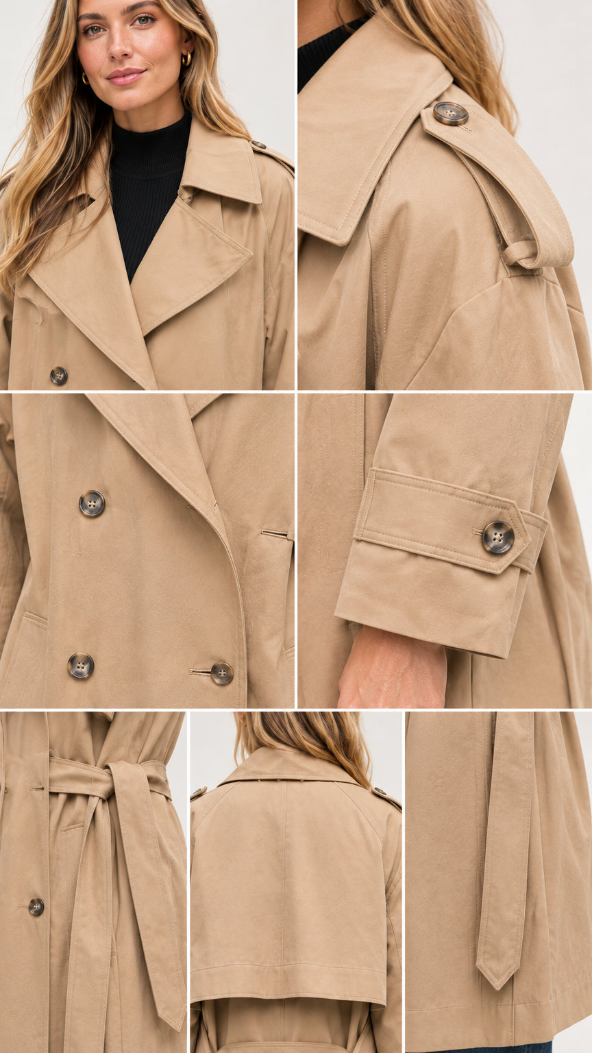 Detailed close-up collage showing the lapels, shoulder epaulettes, buttons, cuffs, and belt of the khaki trench coat