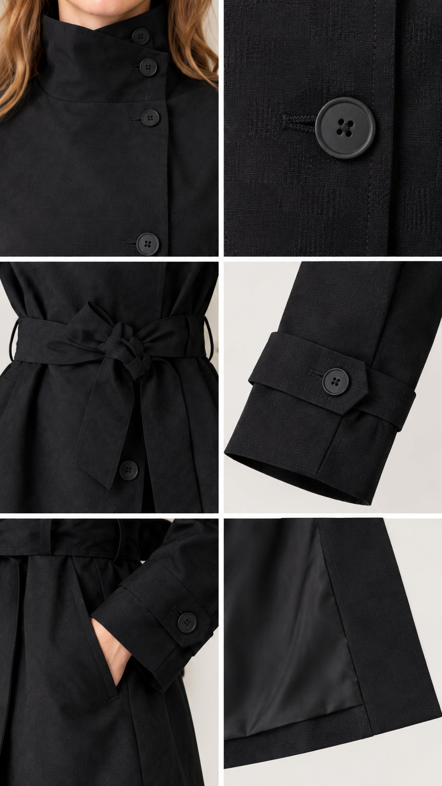 Close-up detail shots of black trench collar, buttons, tie belt, cuff tab, pocket, and lining