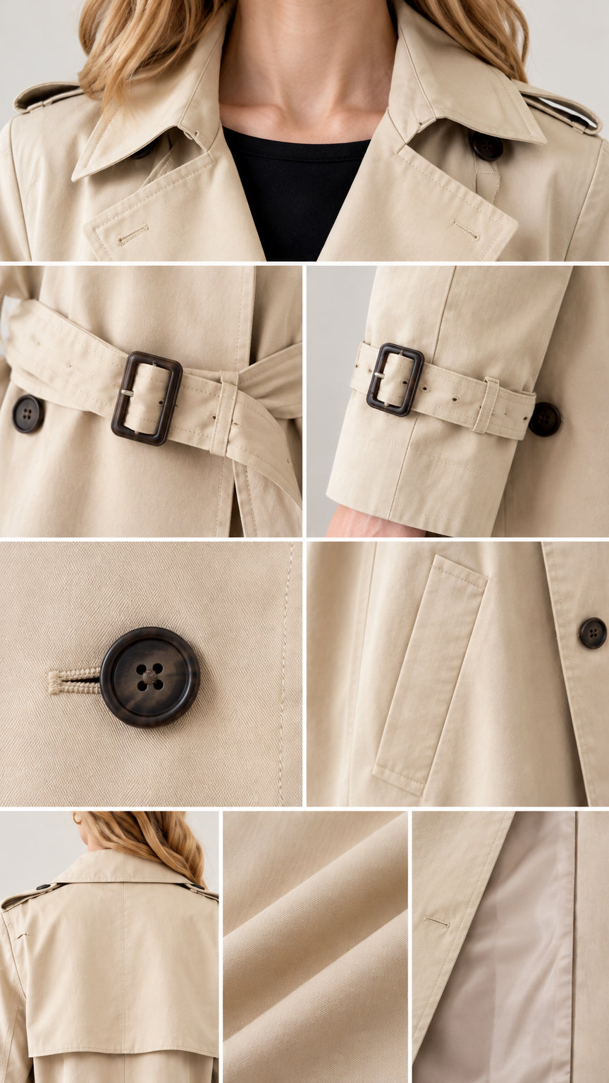 Detailed close-up collage of trench coat collar, buckle belt, cuff strap, buttons, and pocket