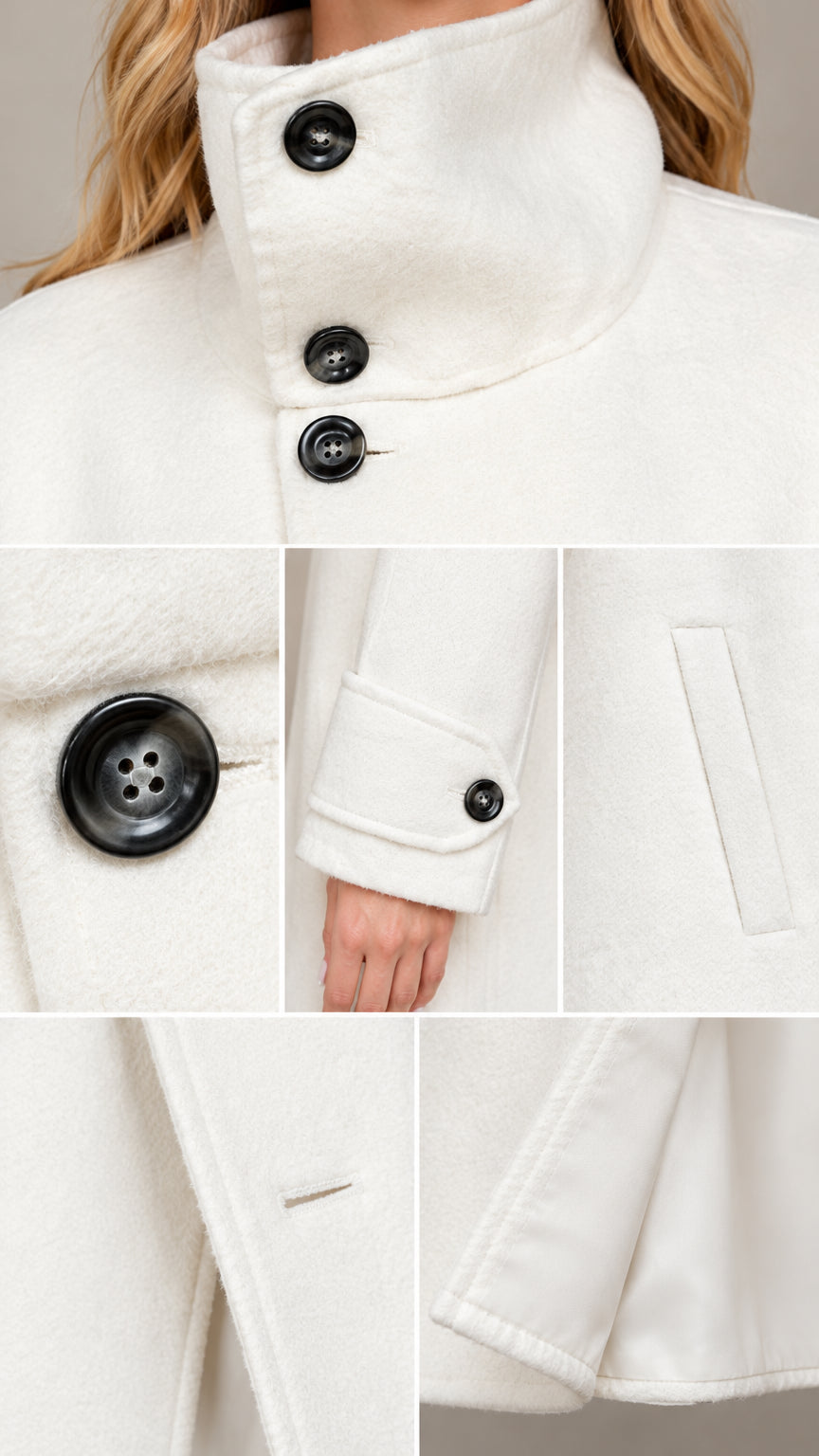 Close-up details of the high buttoned stand collar, cuff tabs, welt pocket, and fabric texture