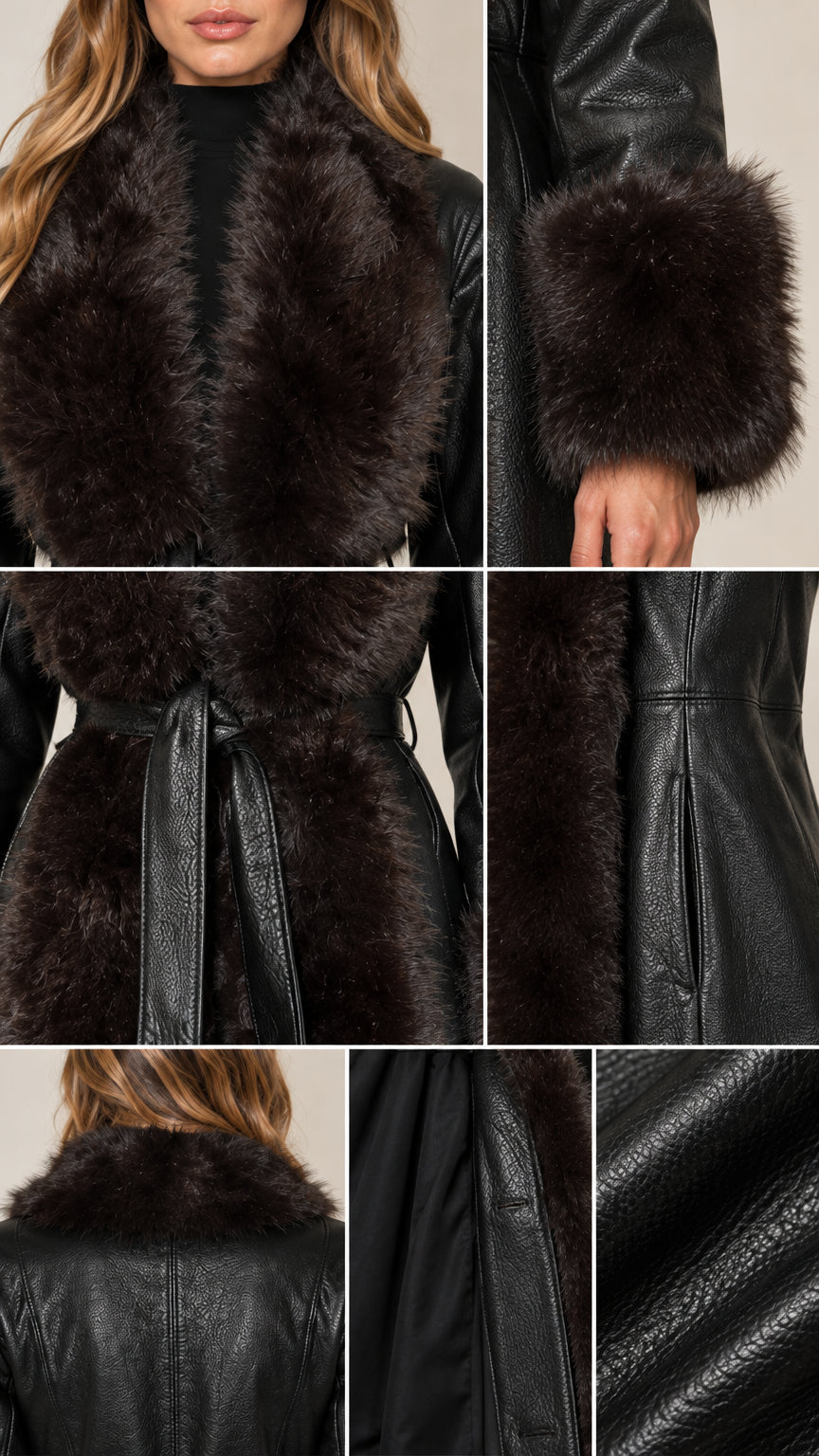 Close-up details of black faux leather texture, faux fur collar, cuffs, and inner lining