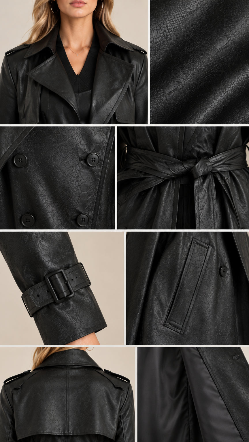 Close-up details of collar, leather texture, double-breasted buttons, waist belt, and cuff buckle
