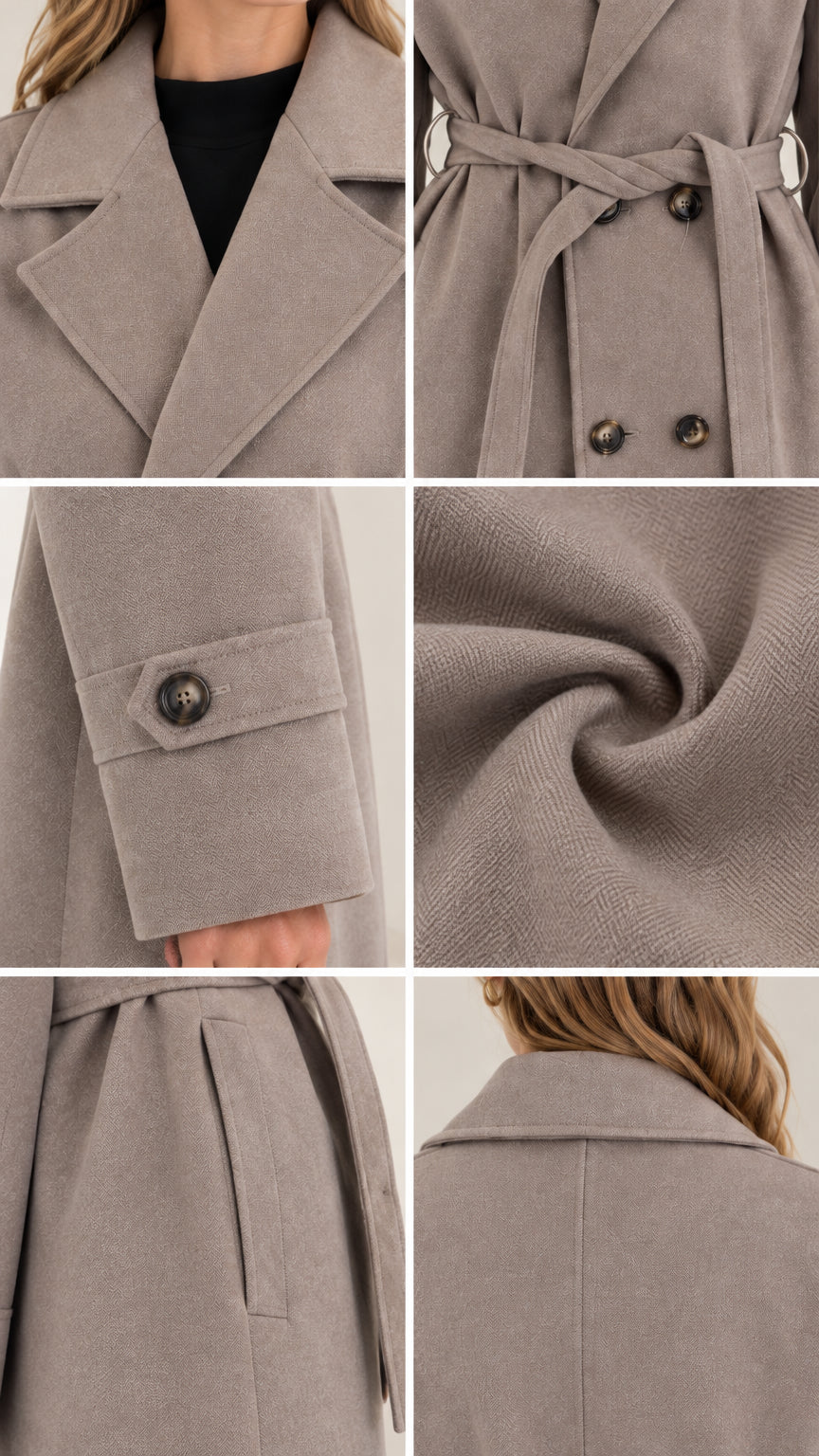 Detailed collage showing notched lapels, waist belt, buttoned cuff strap, fabric texture, and side pocket of the coat
