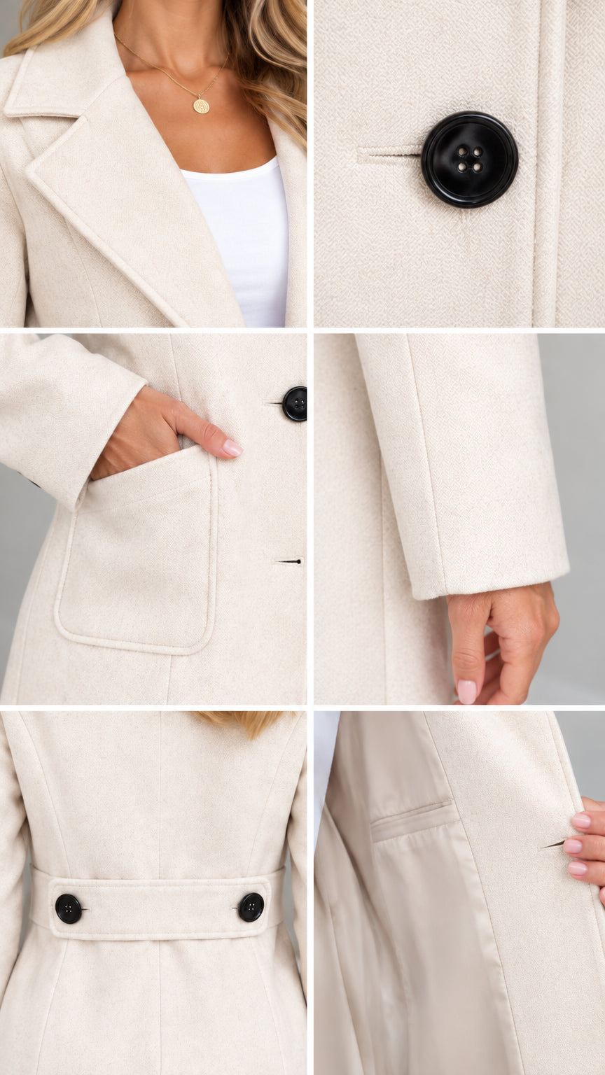 Close-up collage of cream coat details including lapel, button, patch pocket, sleeve cuff, back tab, and inner lining