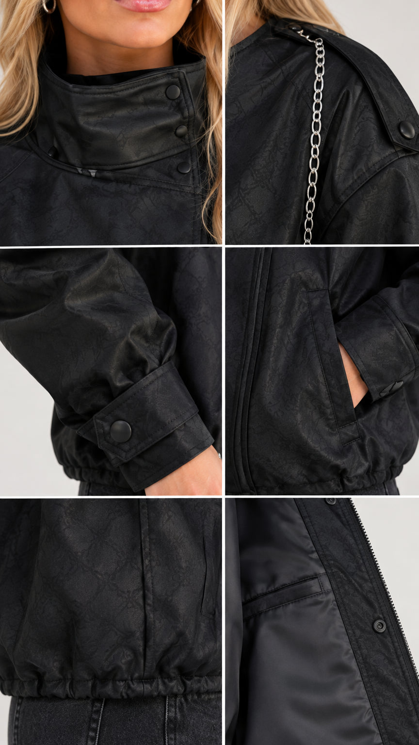 Close-up details of collar snaps, cuff buttons, pockets, and lined interior on the black jacket