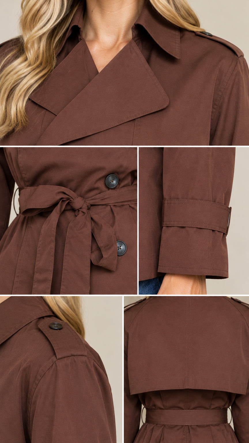 Close-up details of the brown cropped trench jacket showing collar, waist tie, button, and cuff strap
