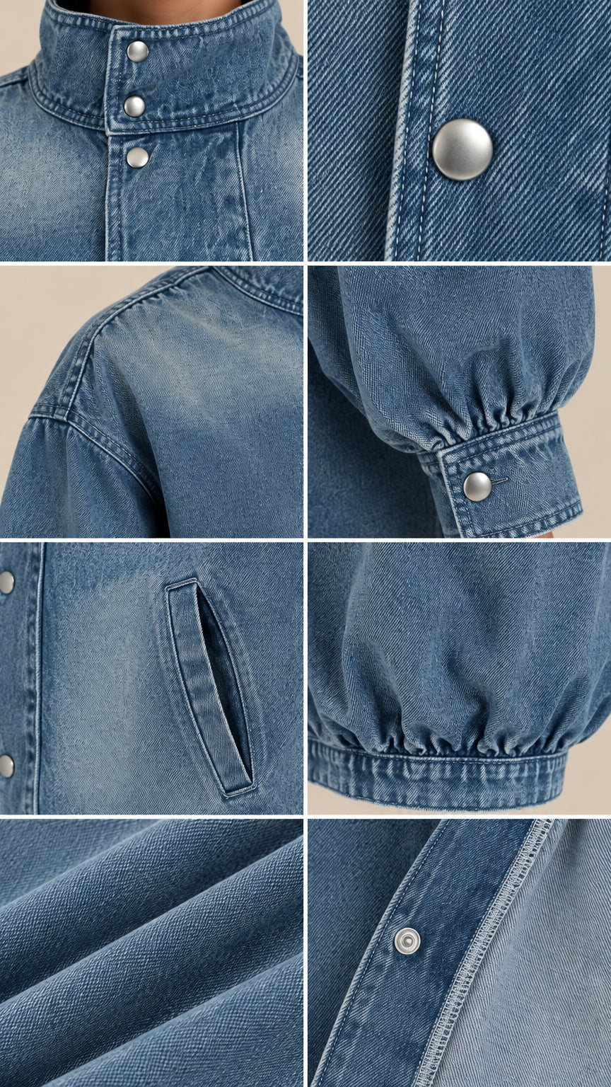 Detailed close-ups of stand collar, snap buttons, cuff gathering, pockets, and fabric texture