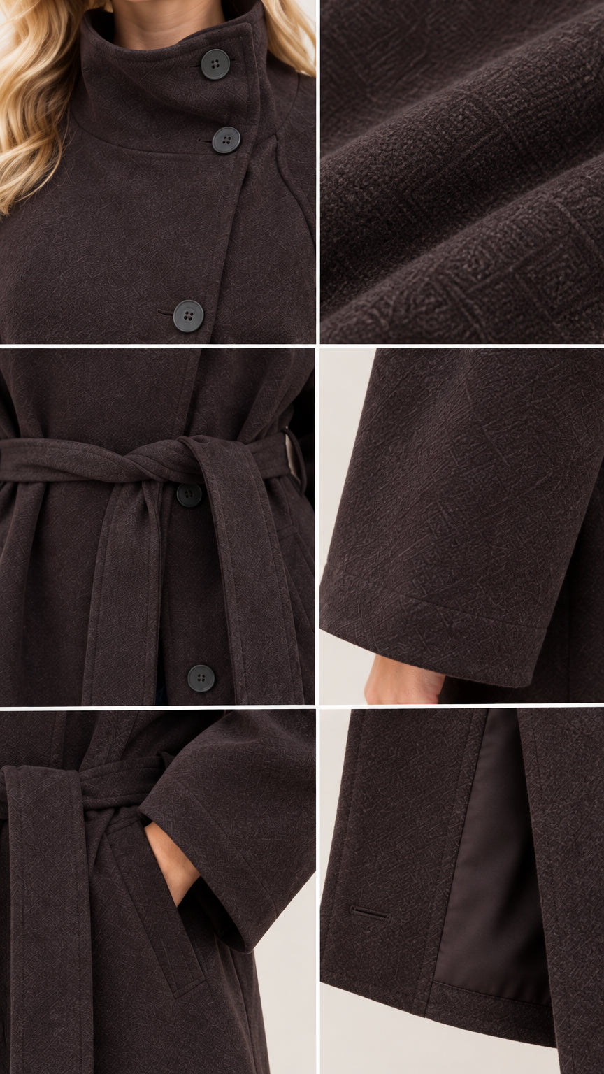 Close-up details of collar buttons, woven fabric texture, waist tie belt, side pocket, and inner lining hem