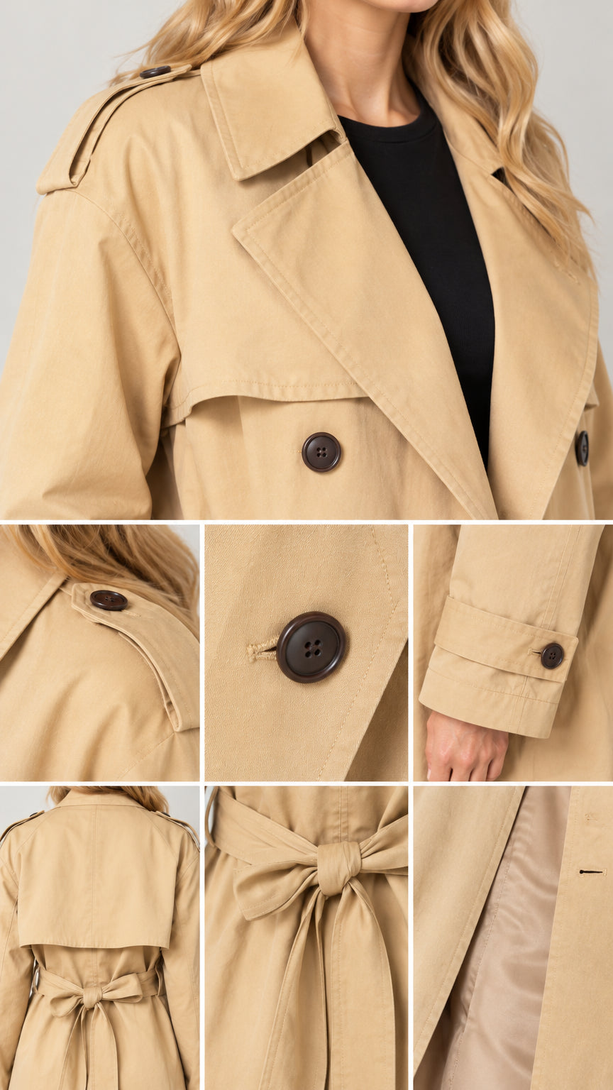 Close-up collage of camel trench coat details including lapel, buttons, cuff tabs, and lining