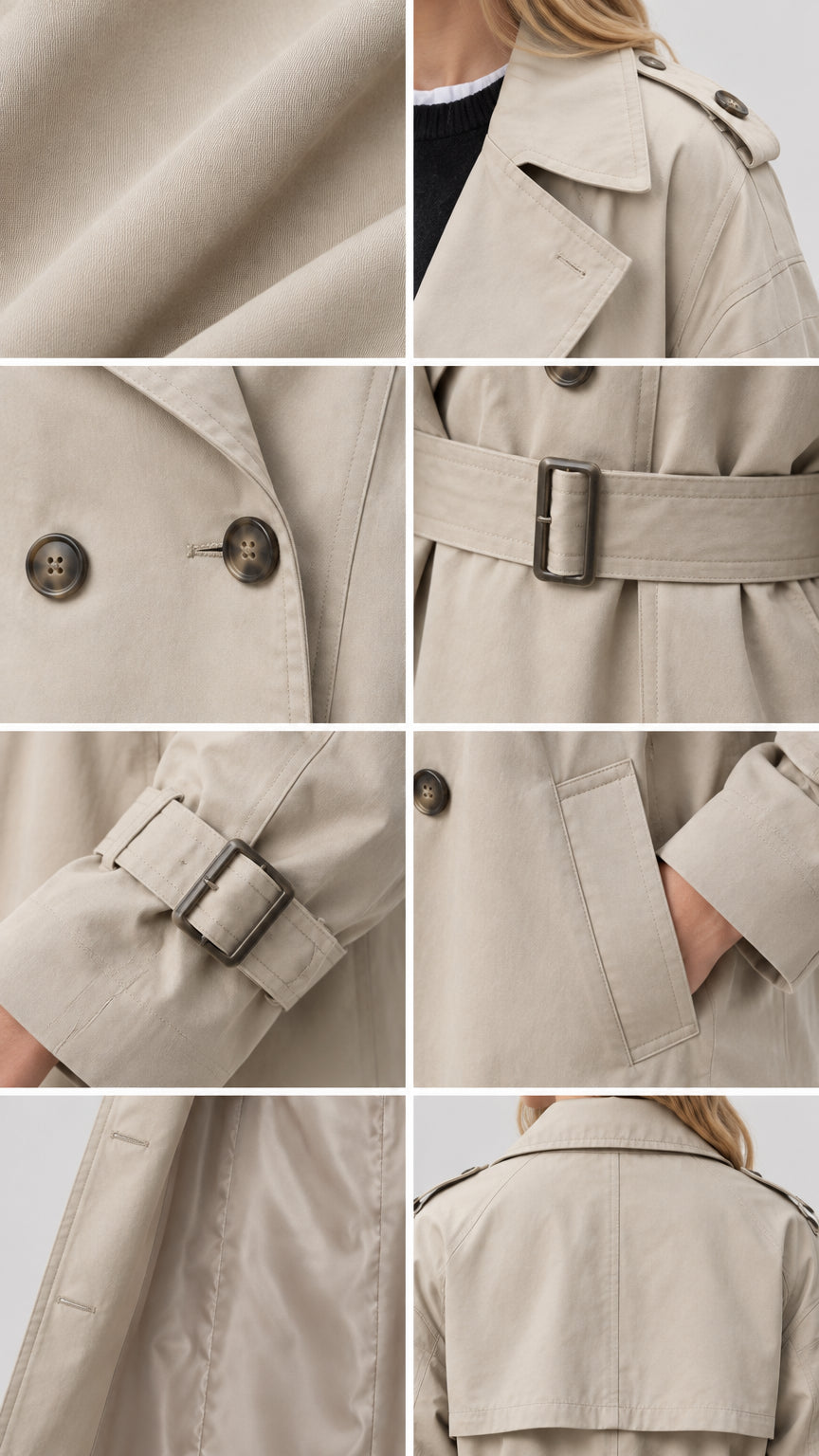 Close-up details of trench coat fabric, notch lapel, buttons, belt buckle, cuff strap, and lining