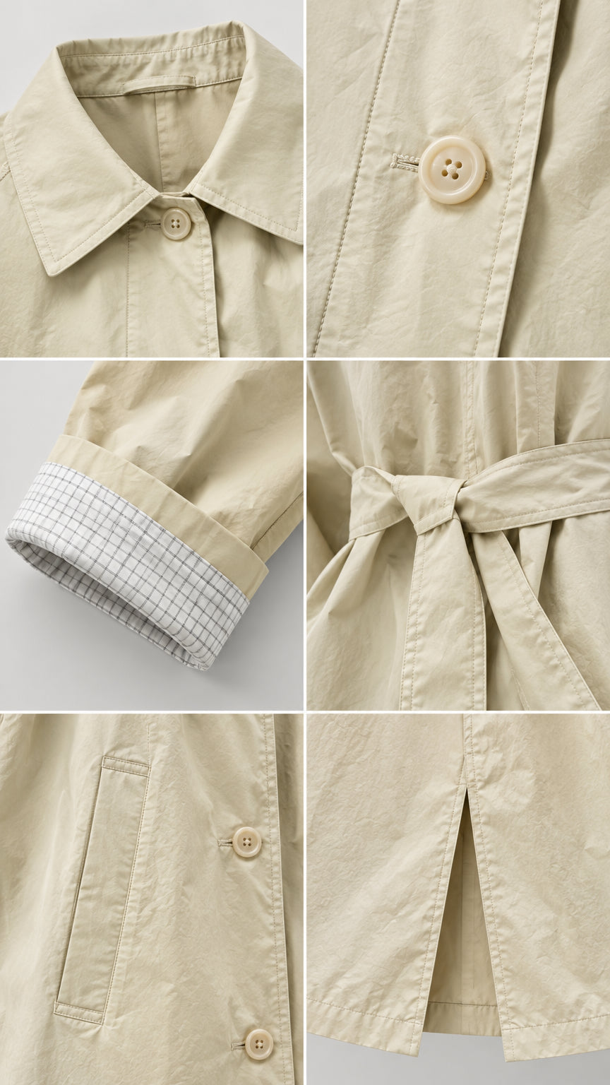 Close-up details of collar, buttons, check cuff lining, belt knot, welt pocket, and back vent
