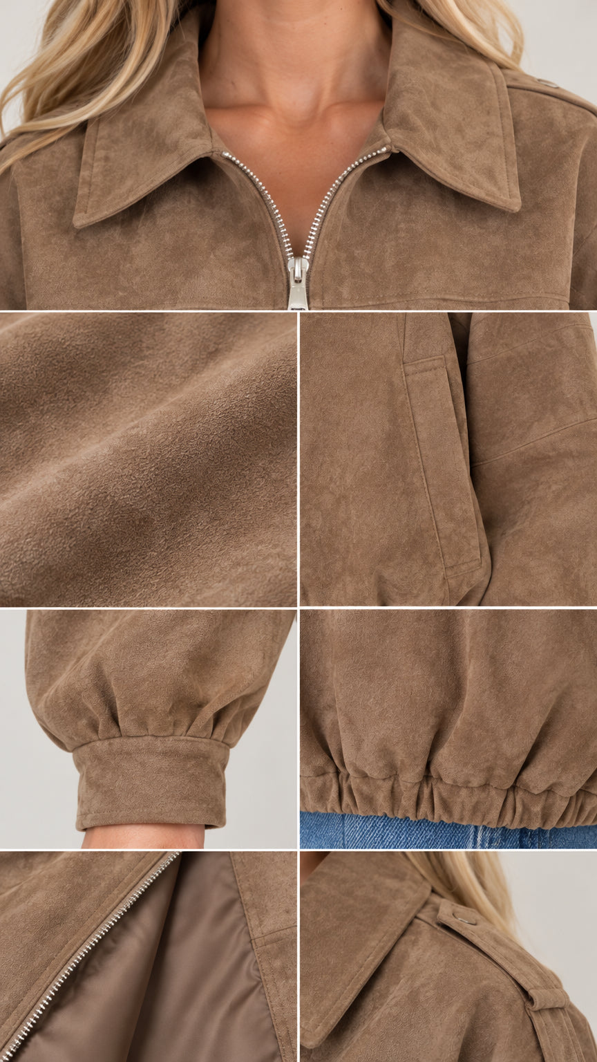 Close-up details of collar, fabric texture, pocket, cuff, elastic hem, and lining of brown jacket
