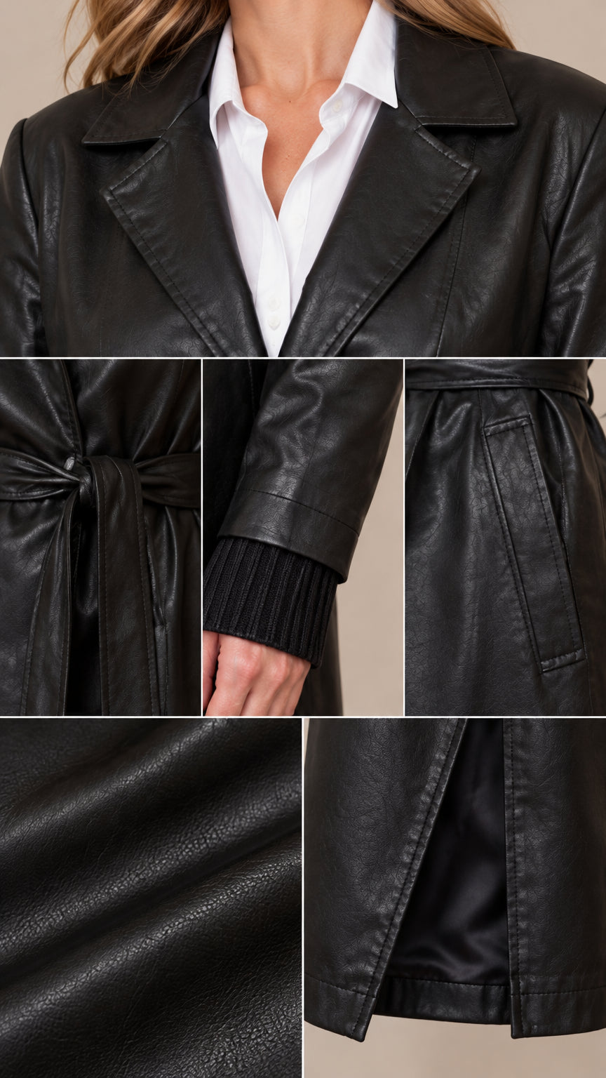 Close-up details of collar, belt knot, ribbed sleeve cuff, smooth texture, and back vent