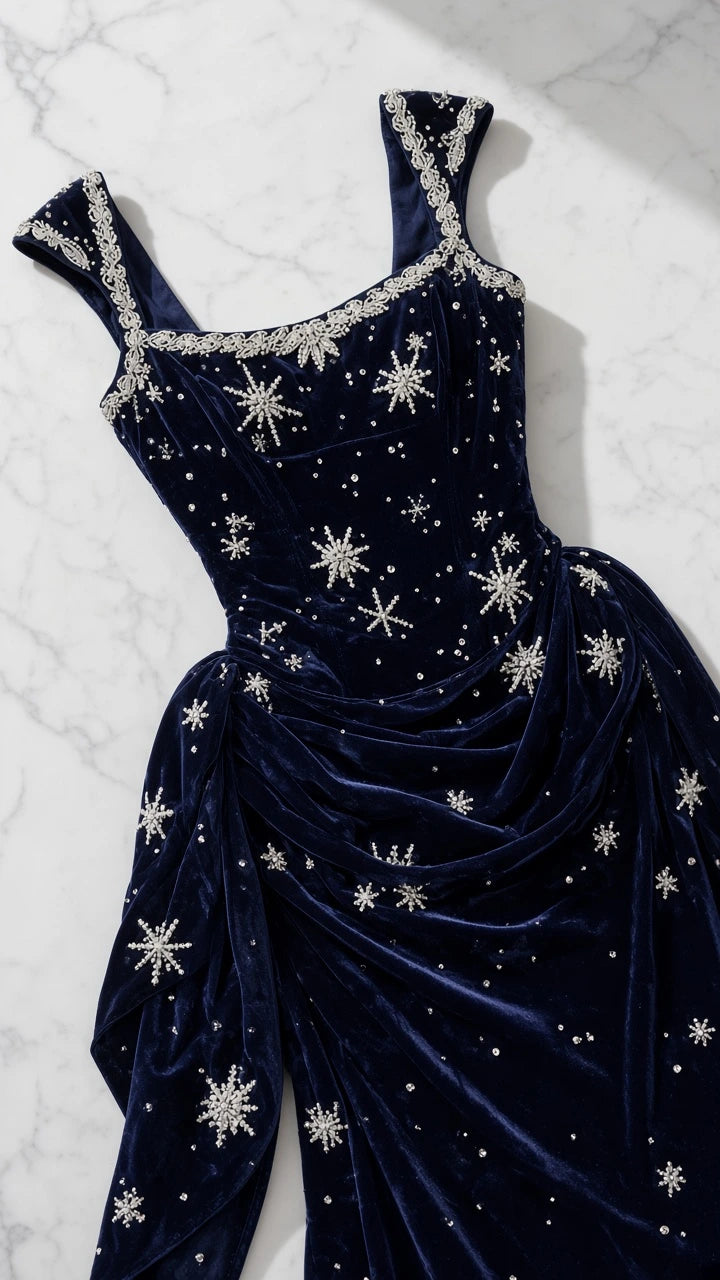 Detailed close-up of bodice showing starburst beadwork and draped sash on velvet evening gown