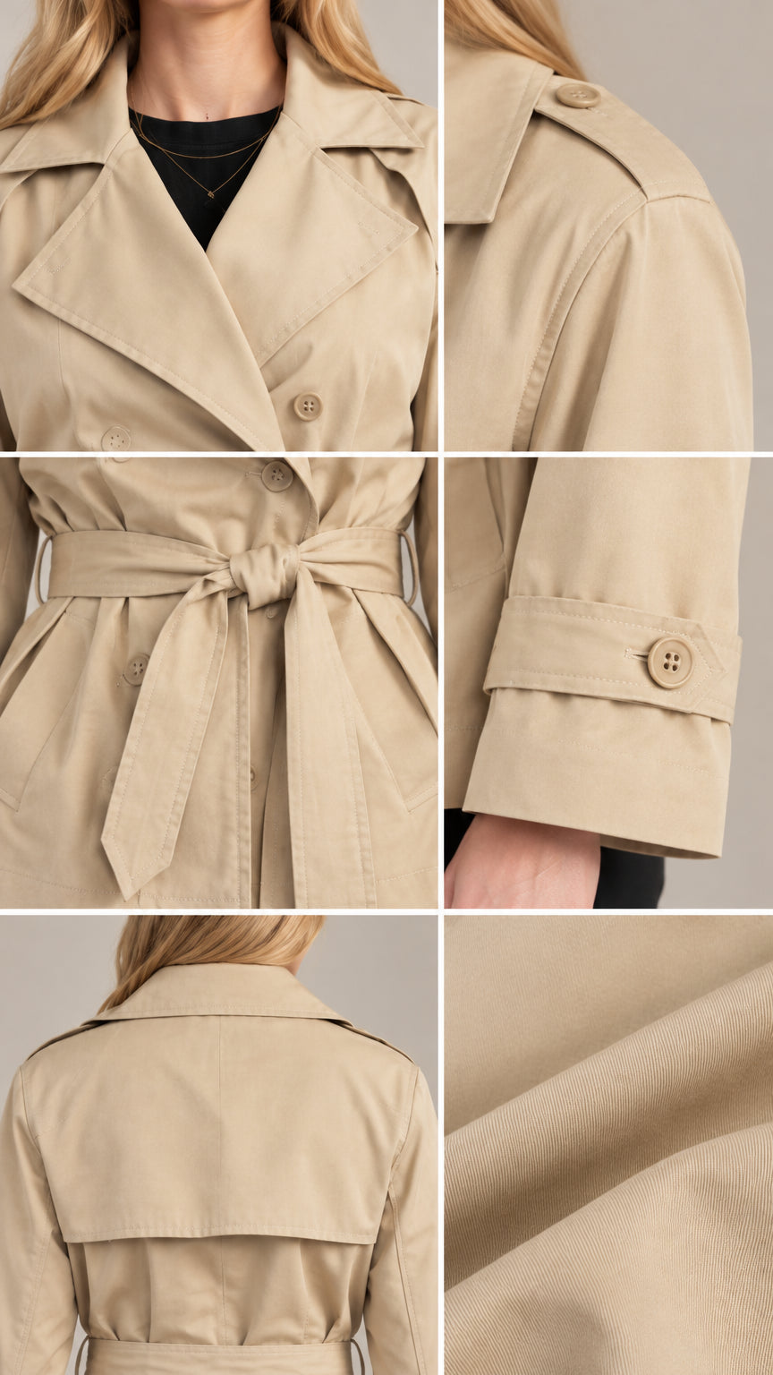 Close-up detail shots of lapel collar, shoulder epaulets, tie belt, button cuff, and fabric texture