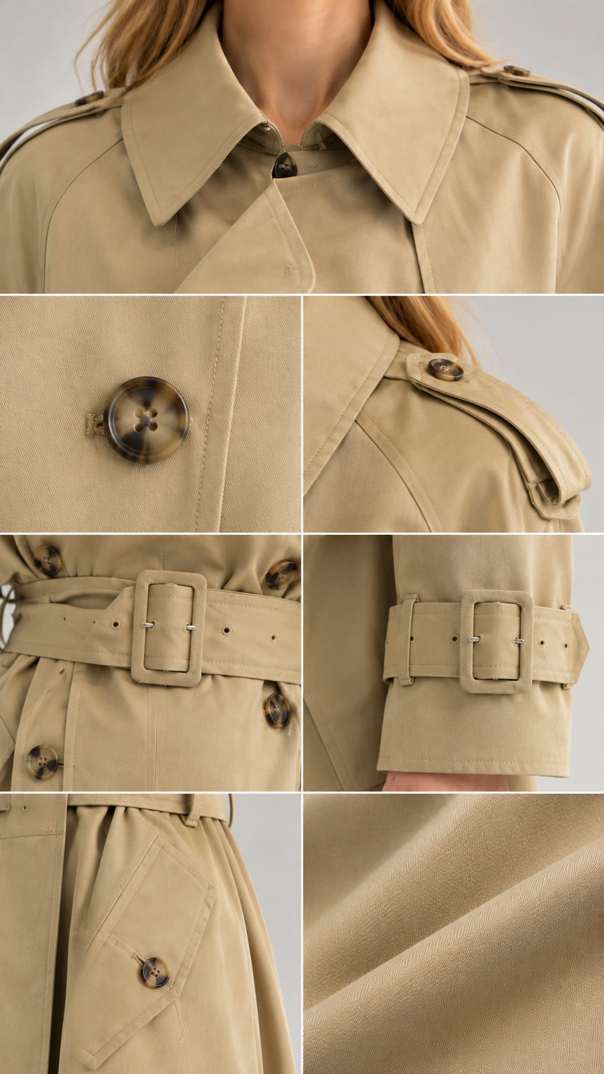 Close-up details of collar, tortoiseshell buttons, shoulder epaulets, cuff straps, and pockets