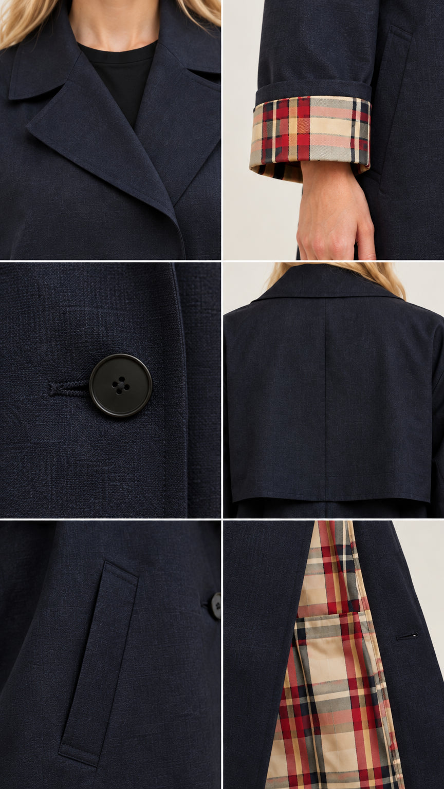 Close-up detail shots showing notched collar, button, plaid cuff, welt pocket, and side vent