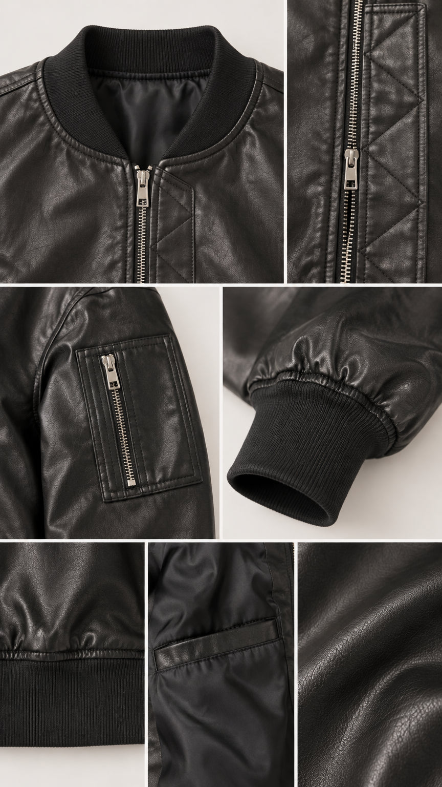 Close-up details of ribbed collar, front zipper, utility sleeve pocket, and faux leather fabric texture