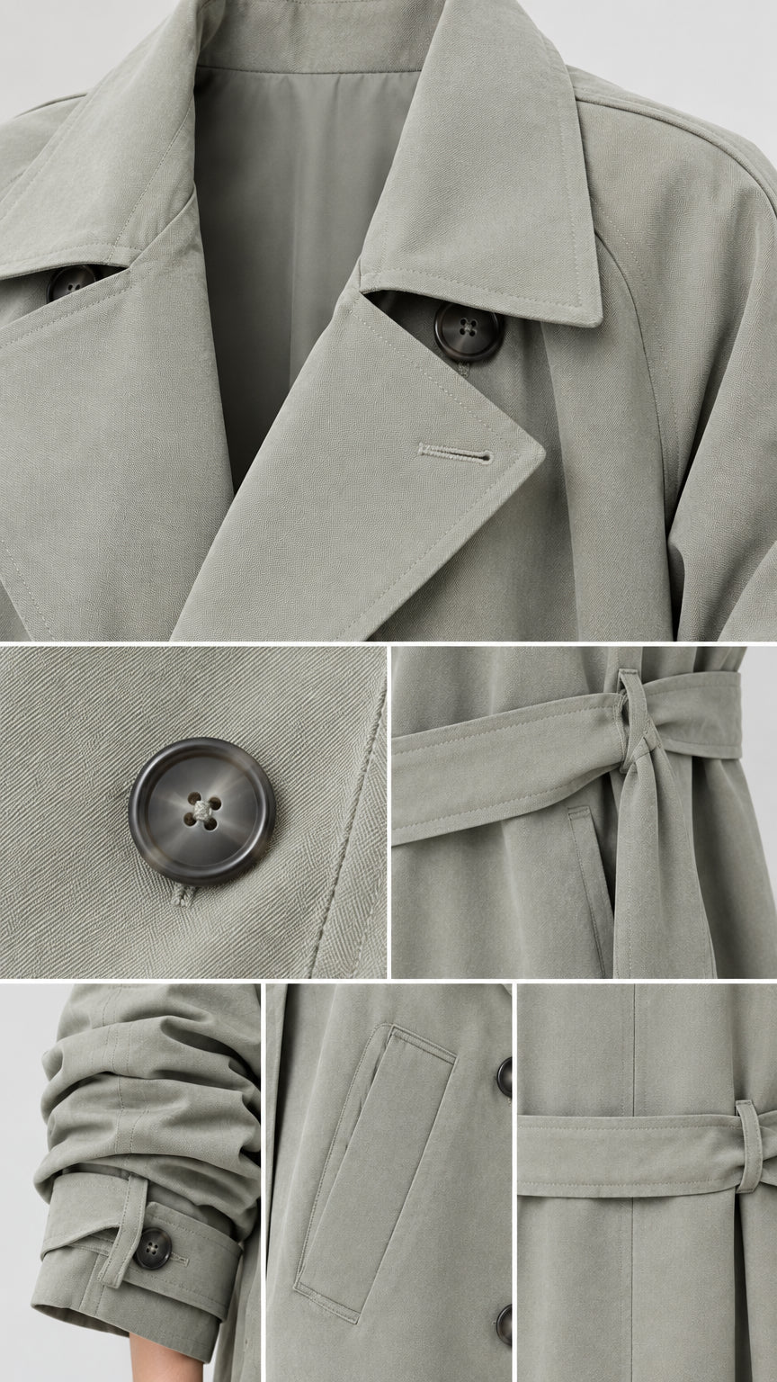 Close up detail panels showing lapel, button, tie belt, cuff strap, and welt pocket