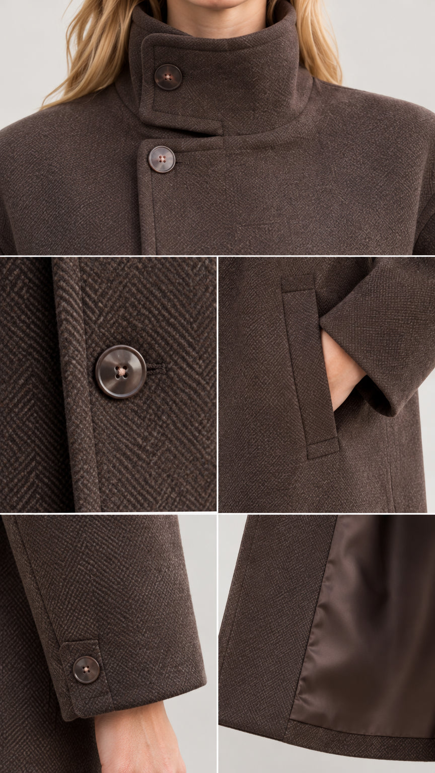 Detailed close-up collage showing high stand collar button, herringbone texture, welt pocket, and smooth lining