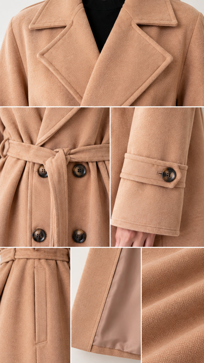 Detailed close-ups of lapel, buttons, cuff strap, pocket, and lining of camel trench coat