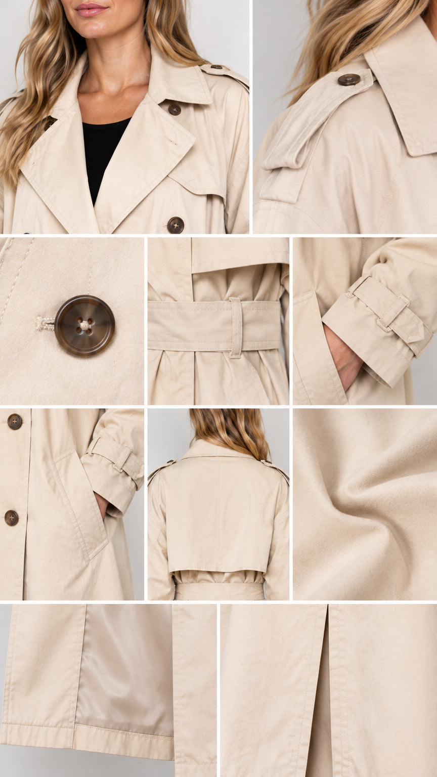 Detailed close-ups of beige trench coat features including collar, shoulder epaulette, button, belt, pocket, and lining