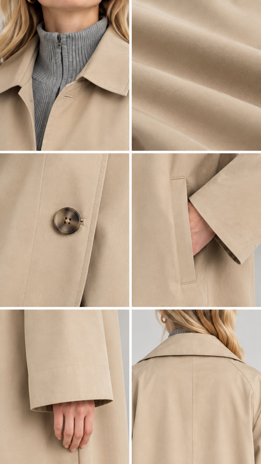 Collage of close-up construction details including collar, fabric texture, front button, pocket, and cuff