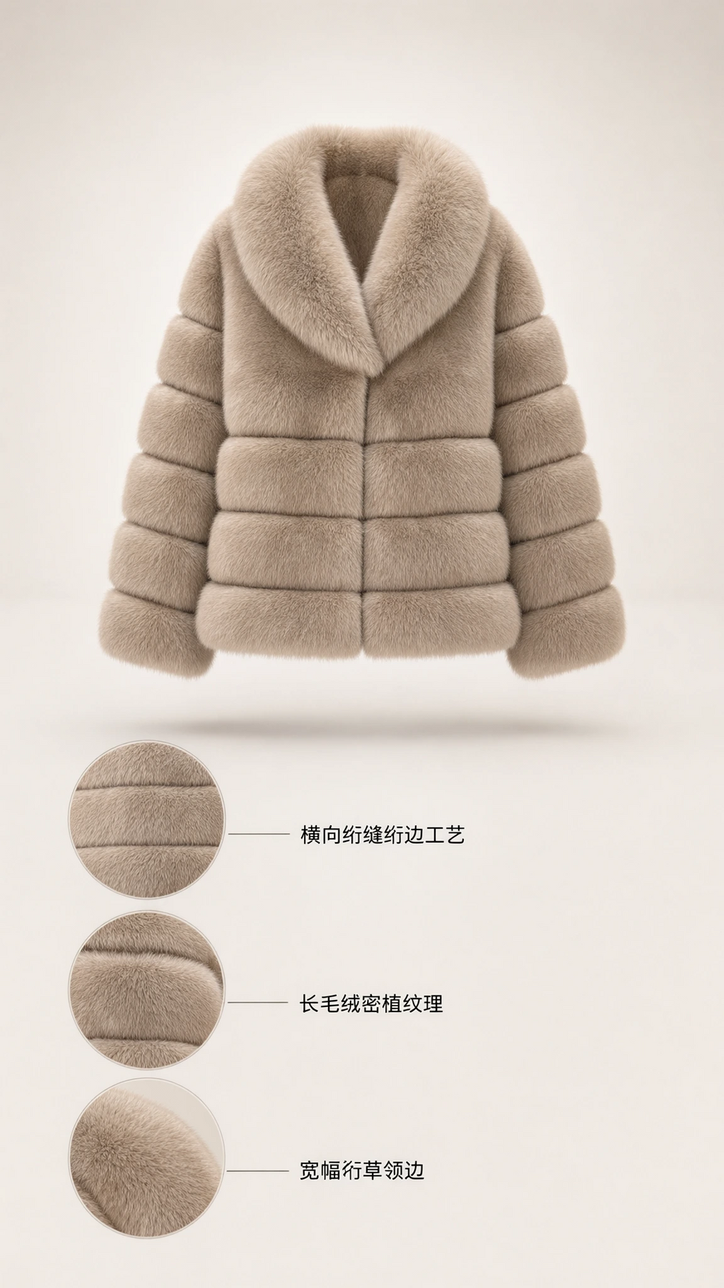 Product diagram showcasing taupe faux fur jacket construction and texture details