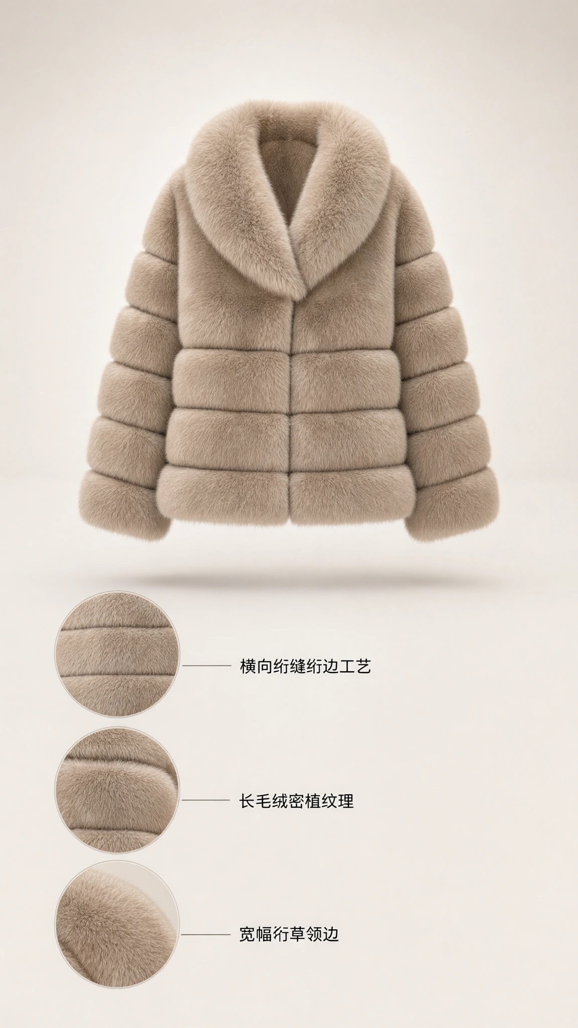 Product diagram showcasing taupe faux fur jacket construction and texture details