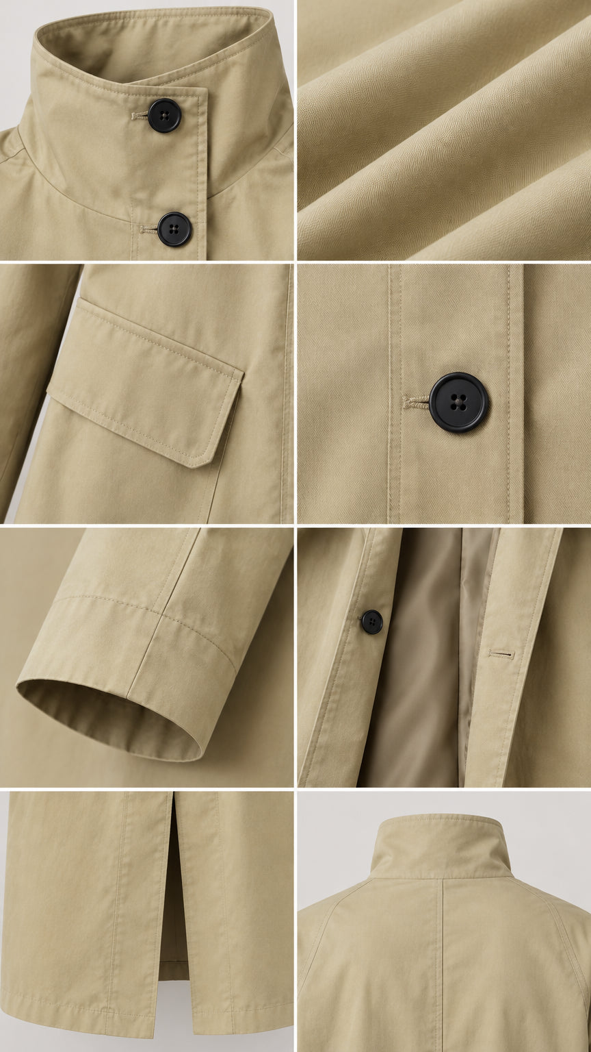 Close-up details of collar buttons, flap pocket, sleeve cuff, and inner lining on khaki trench coat