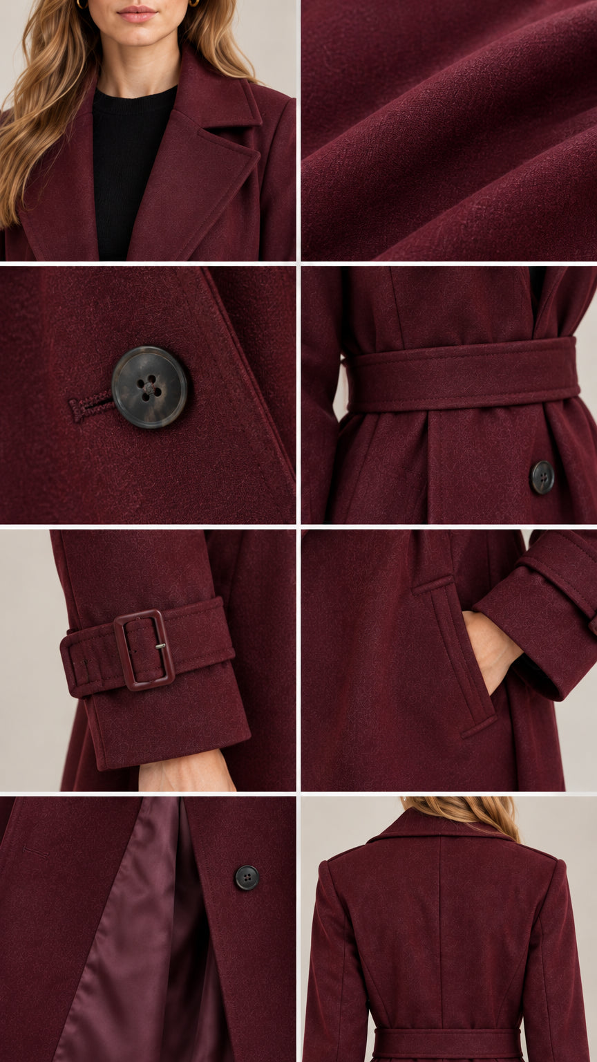 Close-up detail grid showing lapel collar, woven fabric texture, button, belt, cuff buckle, and interior lining of burgundy coat