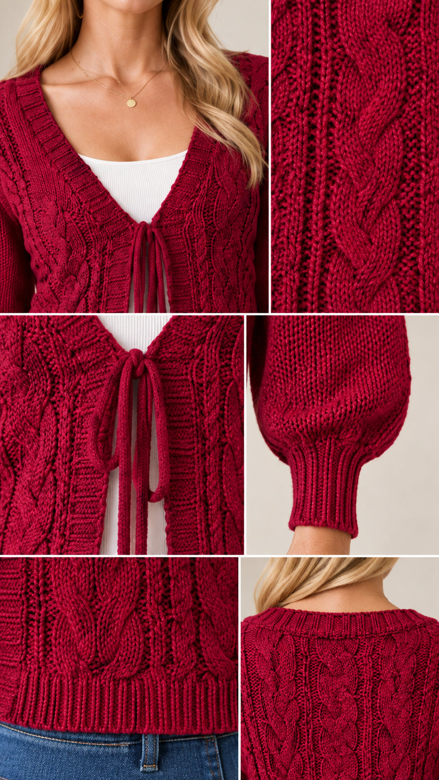 Close-up details of the cable knit pattern, self-tie front closure, balloon sleeve cuff, and neckline