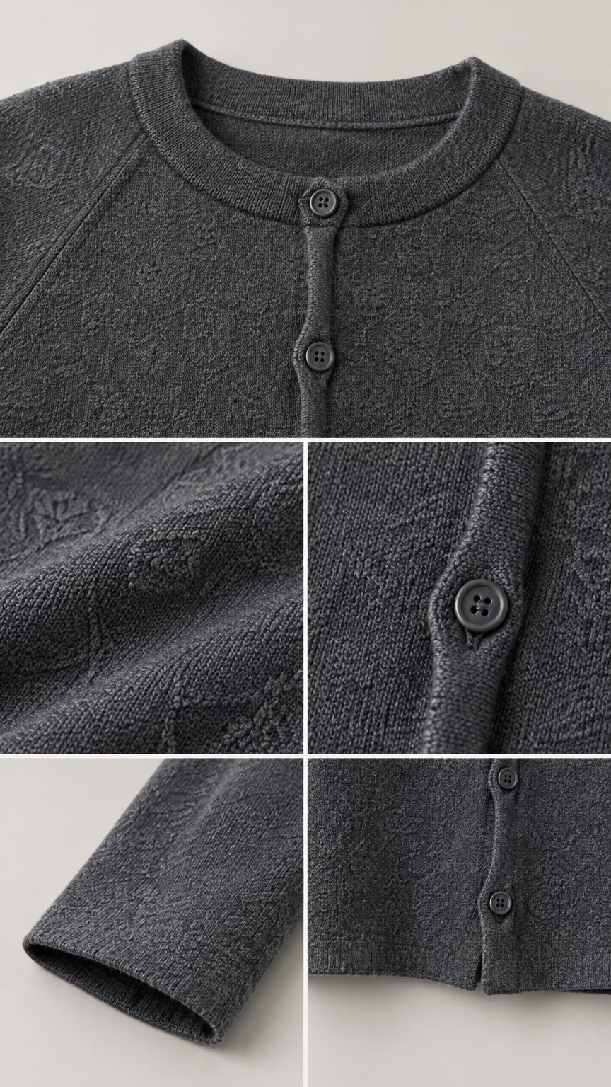 Close-up details of charcoal grey textured knit pattern, neckline, tonal buttons, and cuff hem