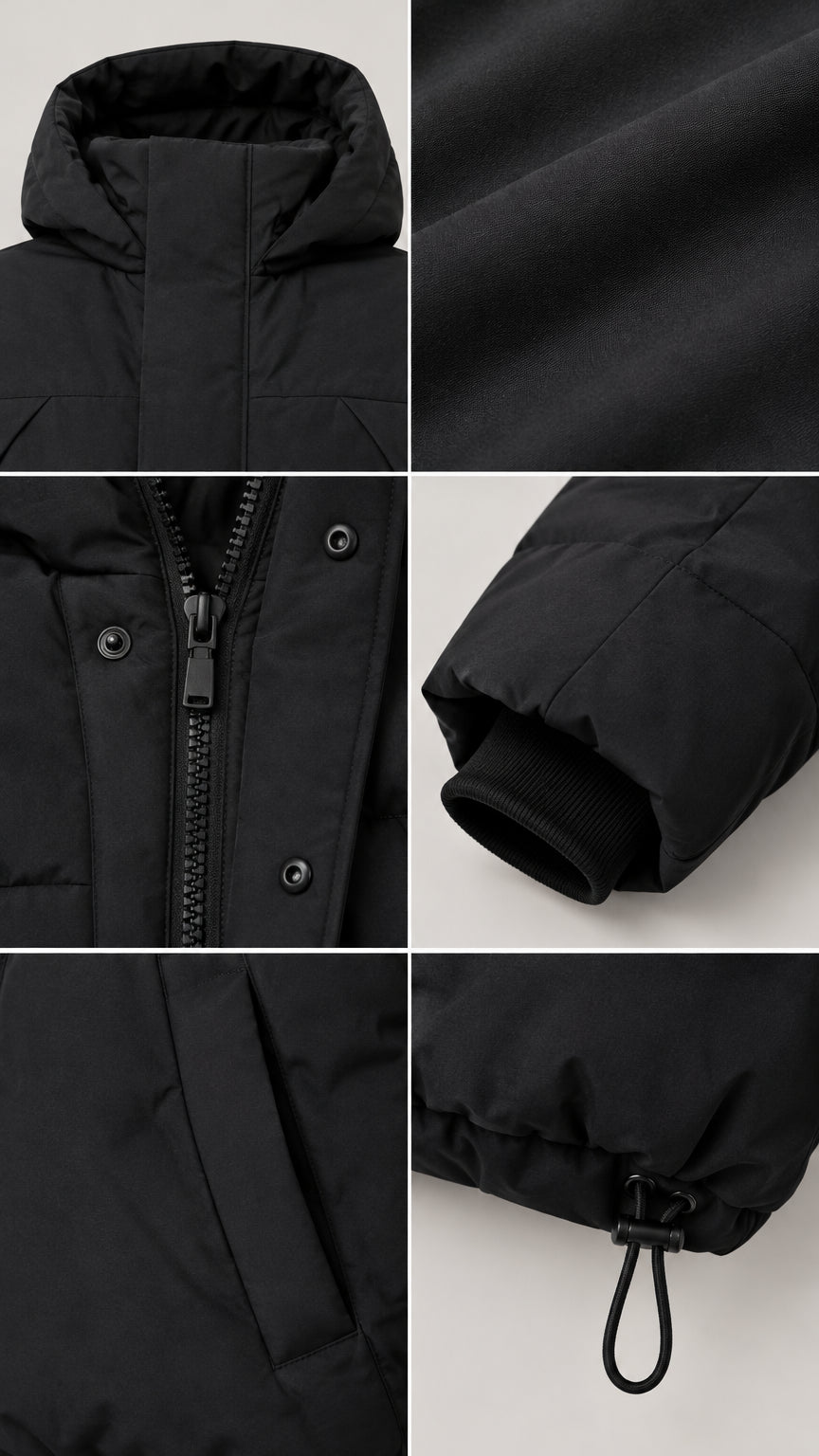 Close-up detail shots showing hood, zipper placket with snaps, ribbed storm cuffs, and hem bungee cord