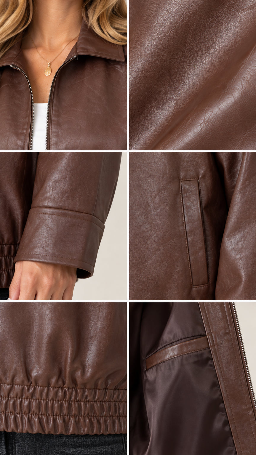 Detailed collage showing collar, zipper, faux leather texture, cuff seam, welt pocket, elastic hem, and lining