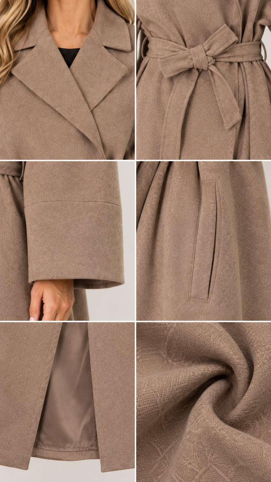 Detail panels of collar lapels, belt knot, cuff, pocket, and fabric texture